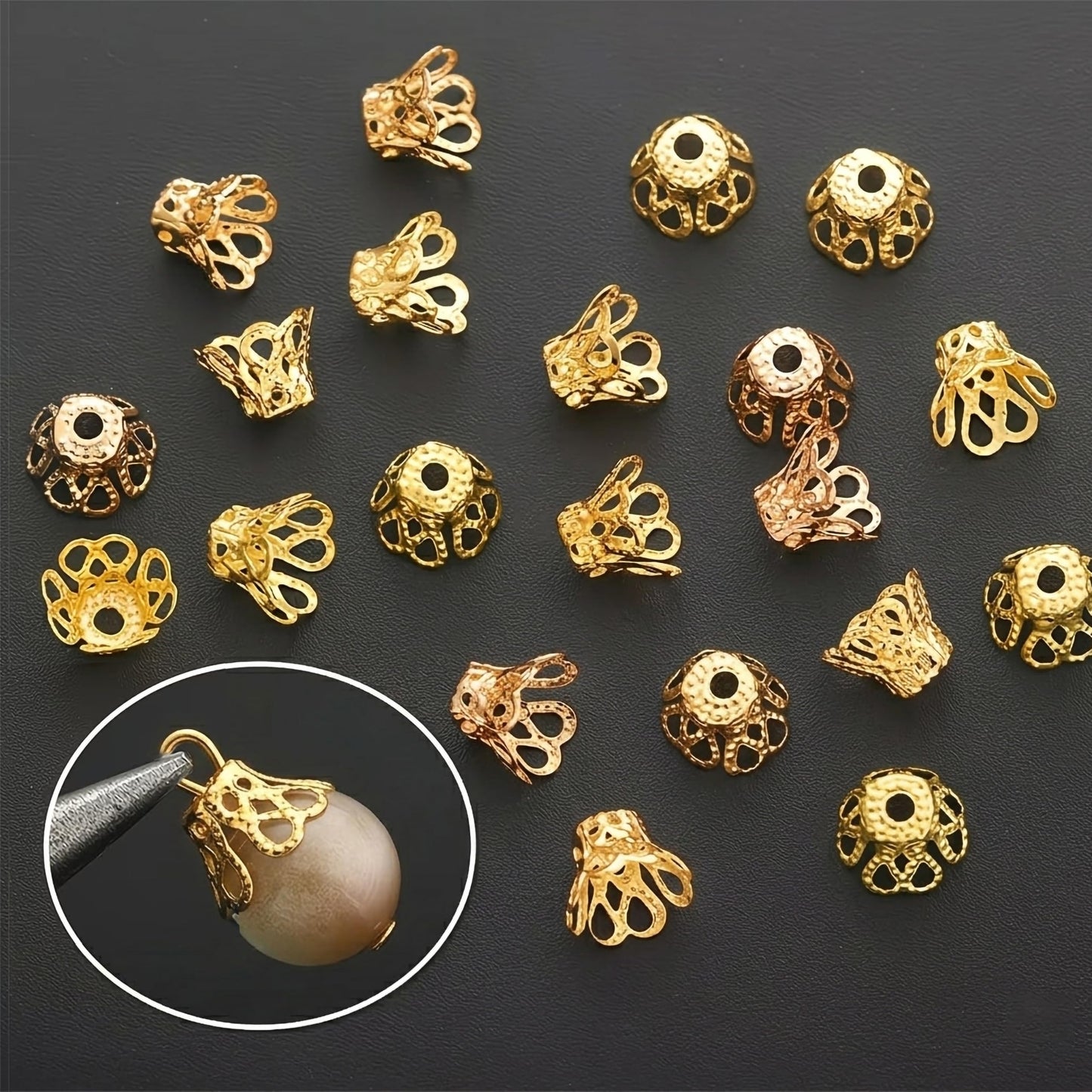 Bring neat handmade detail to saree kuchu craft and jhumka making through golden petal bead caps.