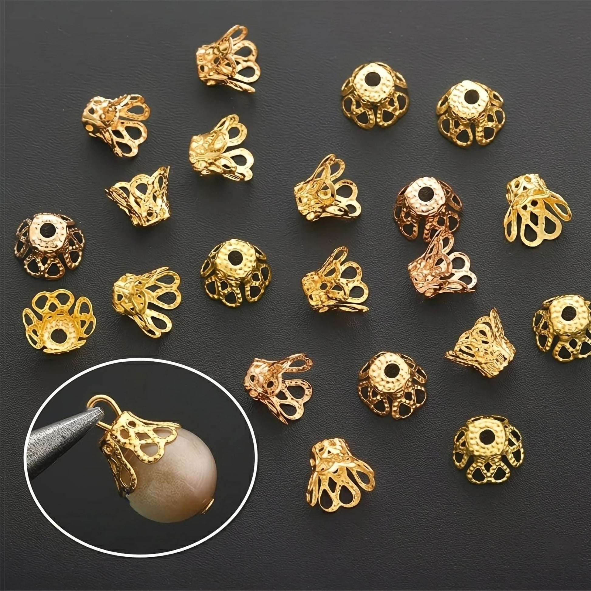 Bring neat handmade detail to saree kuchu craft and jhumka making through golden petal bead caps.