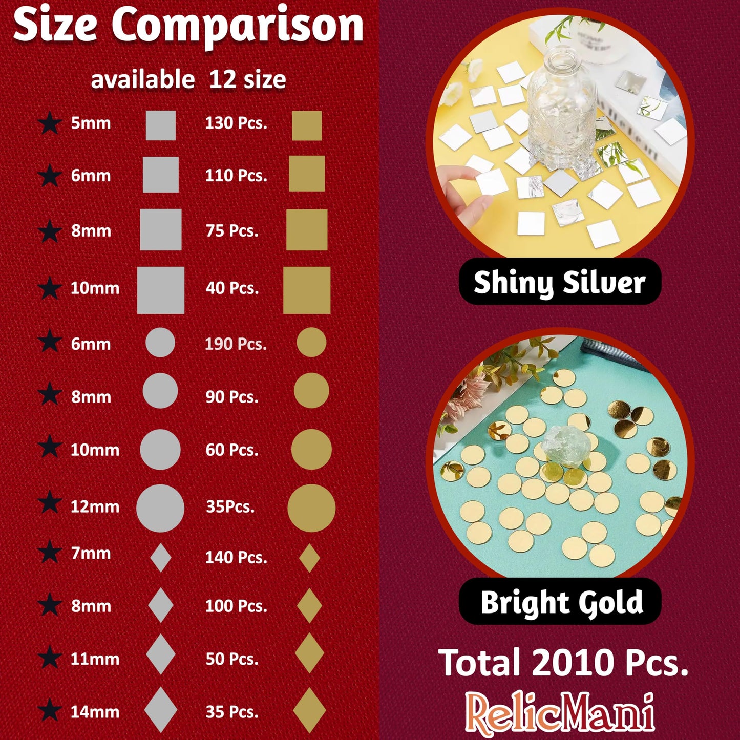 Gold and silver glass and mirror Lippan art glass pieces make mandala craft and mirror work look more complete.