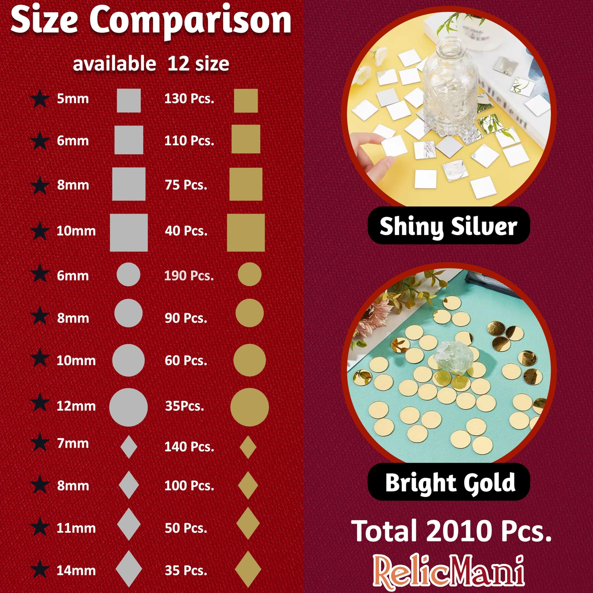 Gold and silver glass and mirror Lippan art glass pieces make mandala craft and mirror work look more complete.