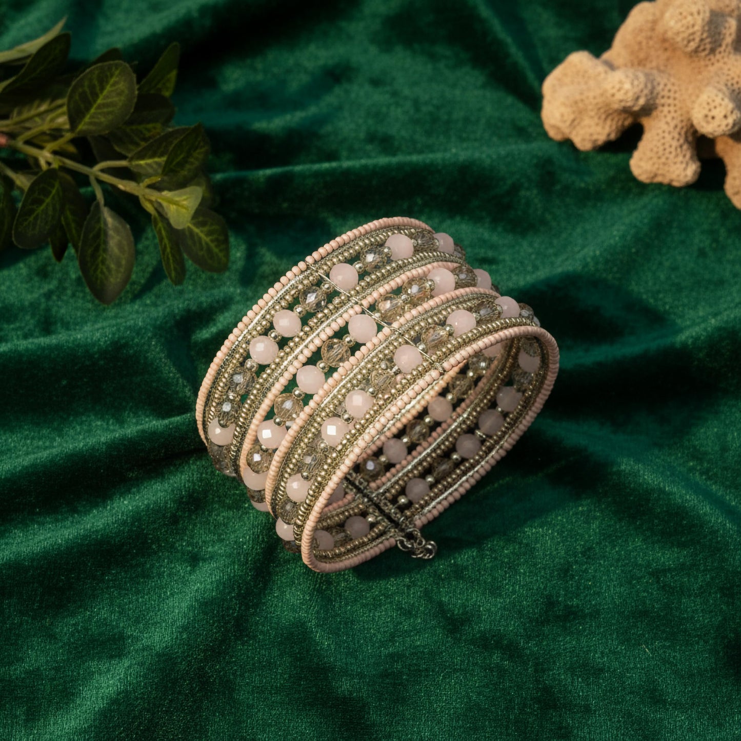 Light pink and gold beaded cuff bracelet with crystal accents