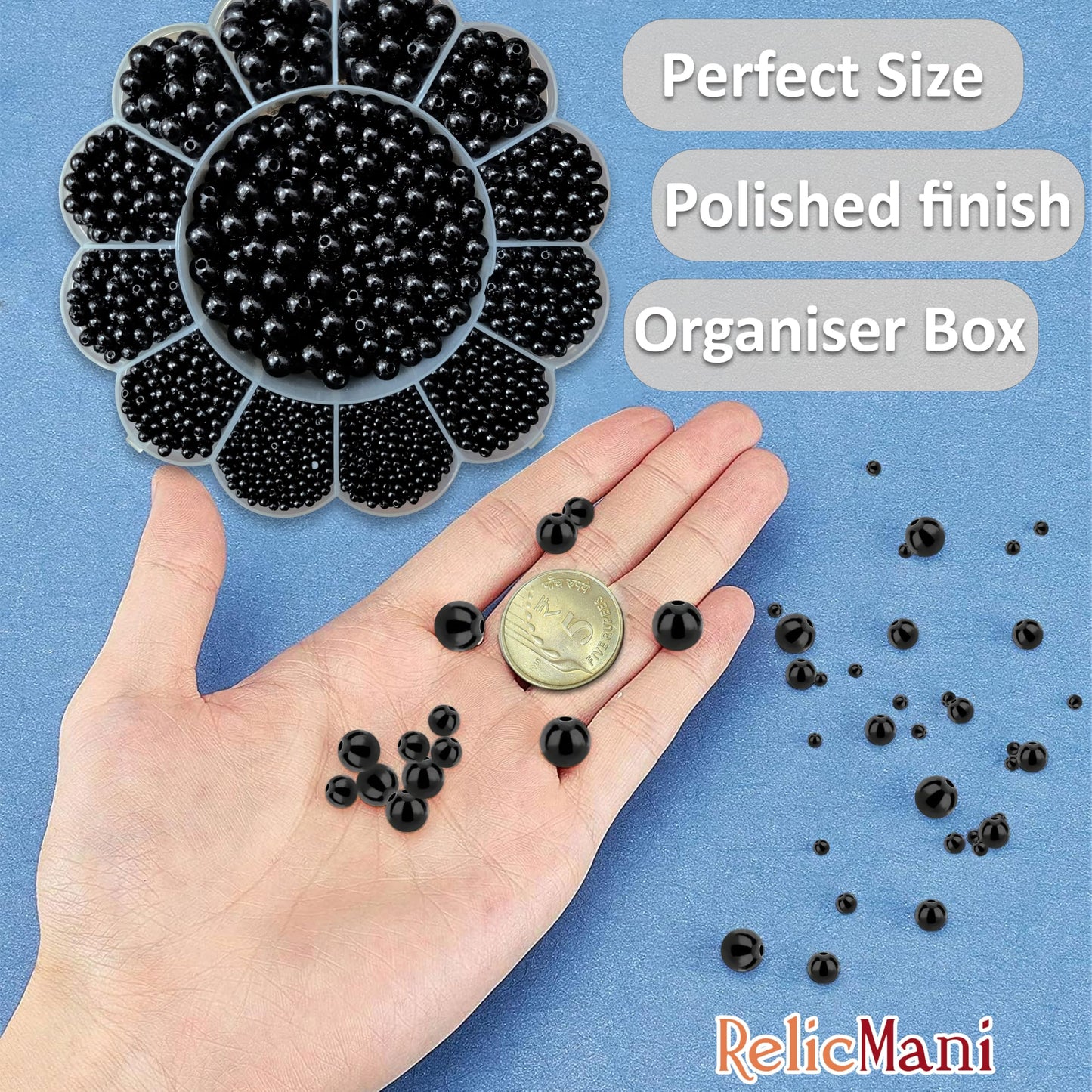 Black - 5 size and white 3mm, 4mm, 5mm, 6mm, 8mm, 10mm beads add useful detail to DIY jewellery projects, beading craft and decorative craft finishing.