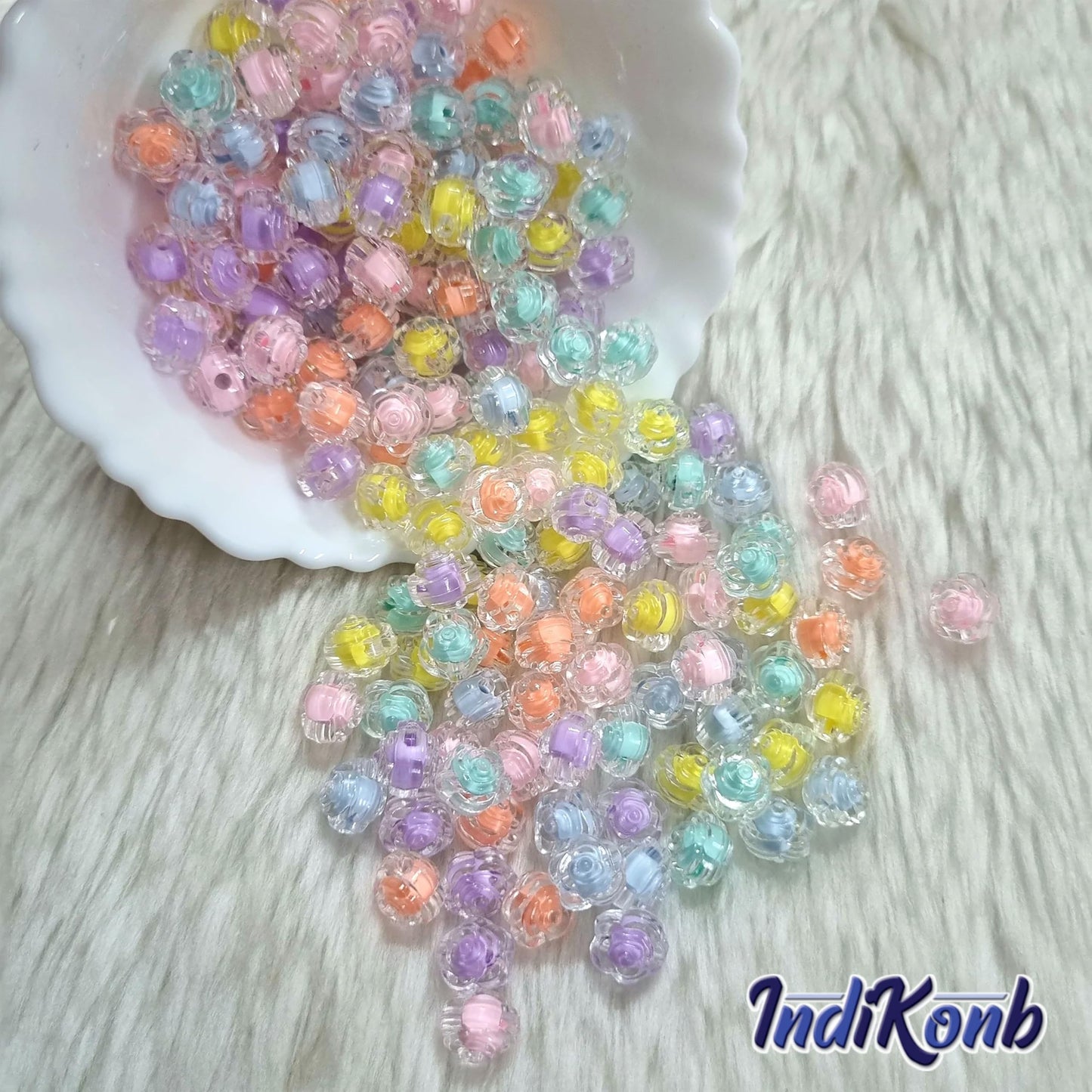 Flower beads and multicolour plastic and acrylic beads bring visual interest to DIY jewellery projects, beading craft and decorative craft finishing with neat decorative finish.