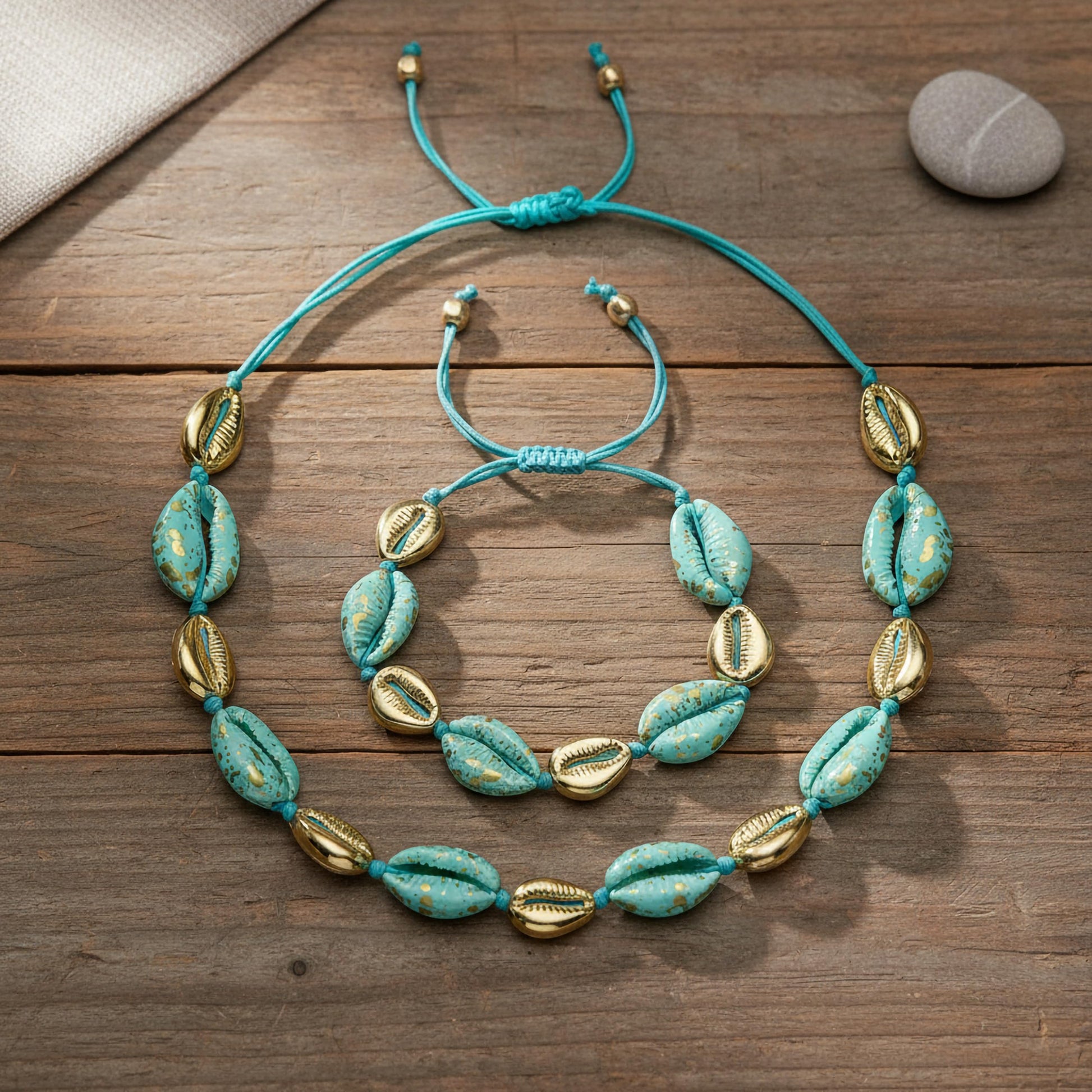 Women cowrie shell necklace bracelet combo adjustable thread boho summer jewellery set