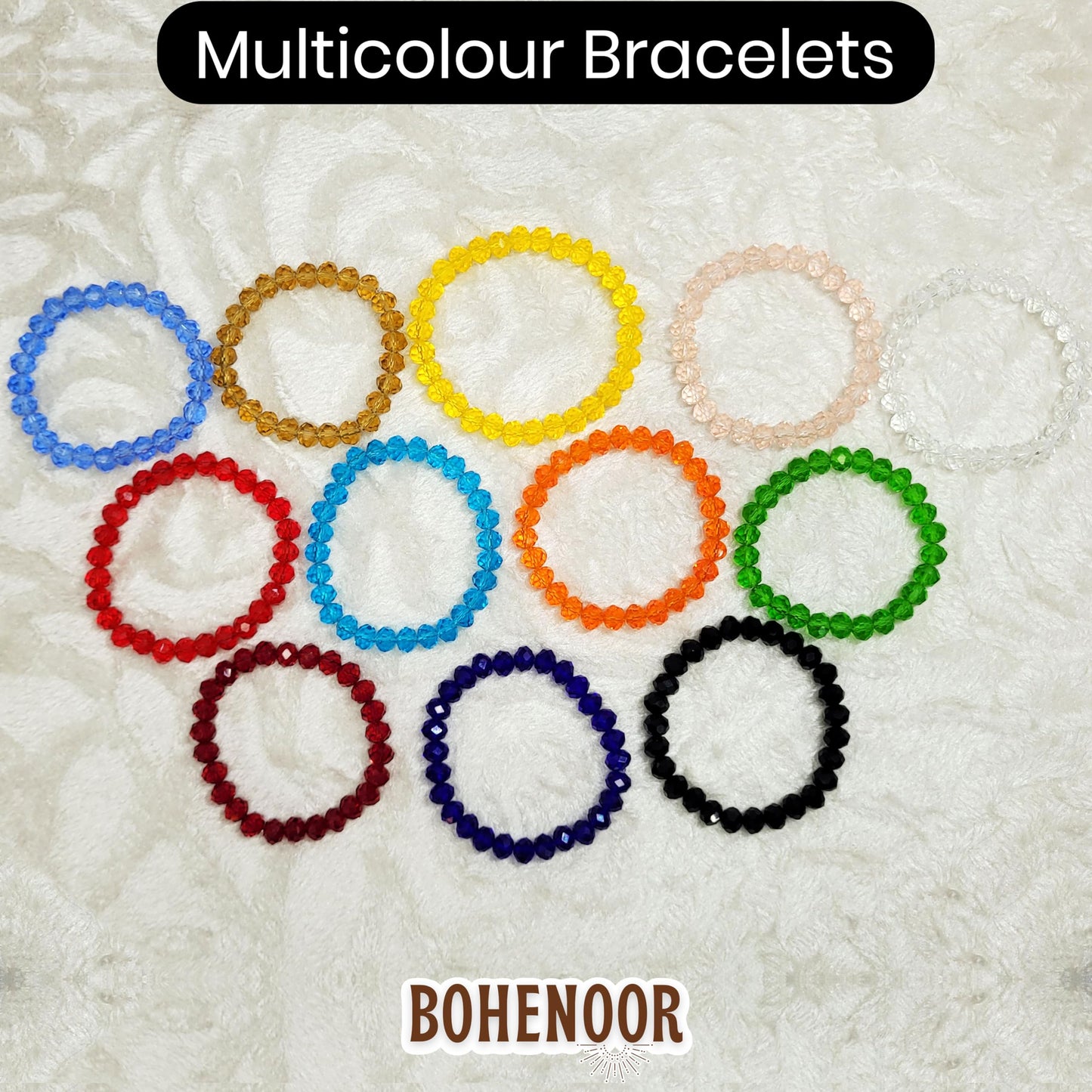 Multicolor Glass Tyre Beads Bracelets Set Acrylic. Packaging and contents image showing the full set for craft use.