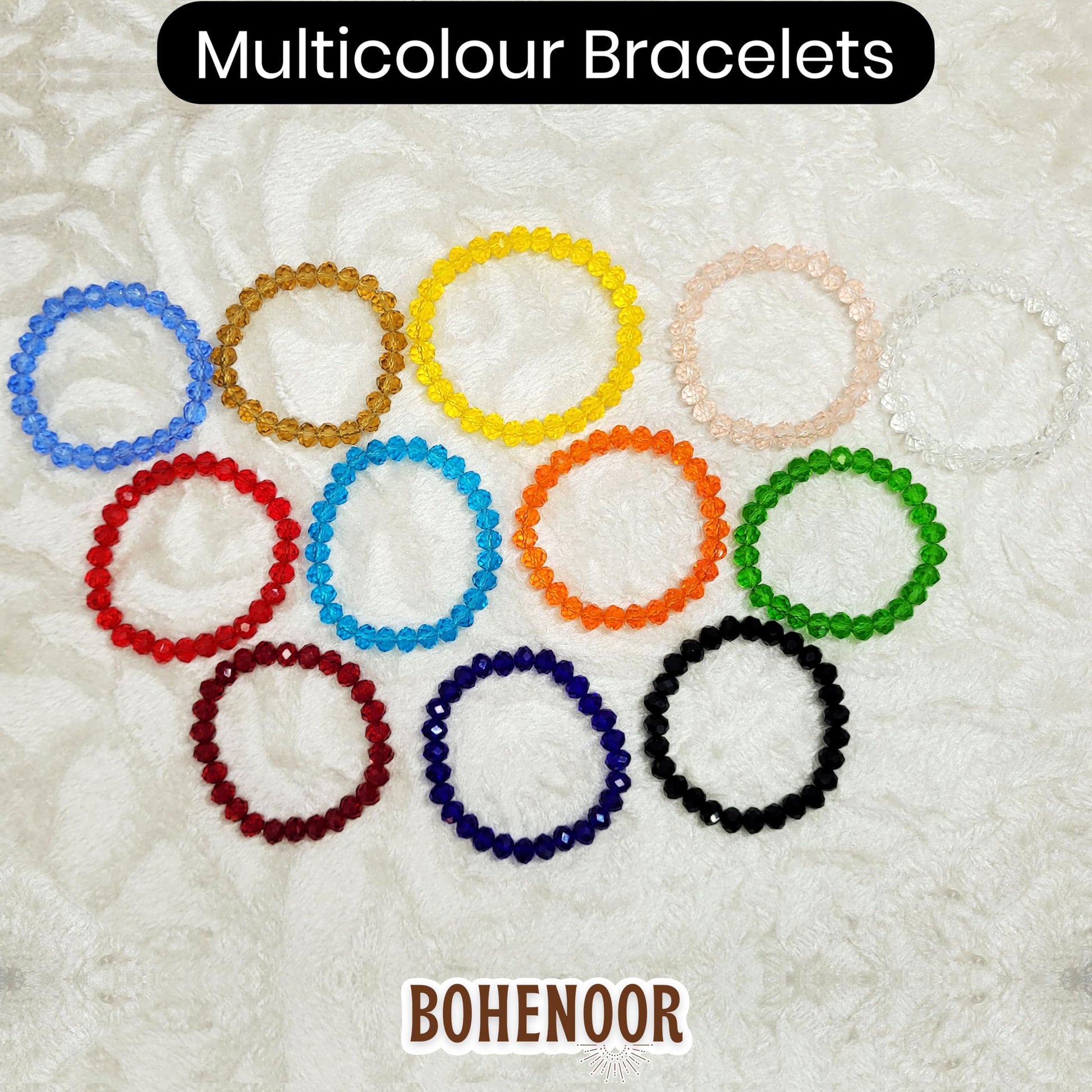 Multicolor Glass Tyre Beads Bracelets Set Acrylic. Packaging and contents image showing the full set for craft use.