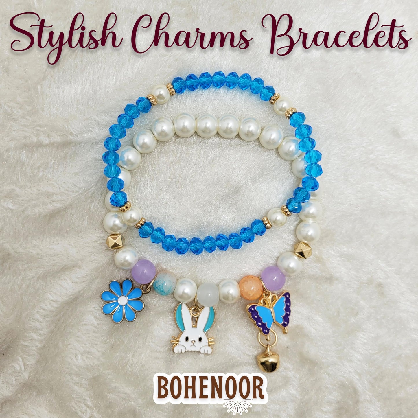 For polished results in festive outfits, blue and white crystal and pearl bracelet helps complete the design.