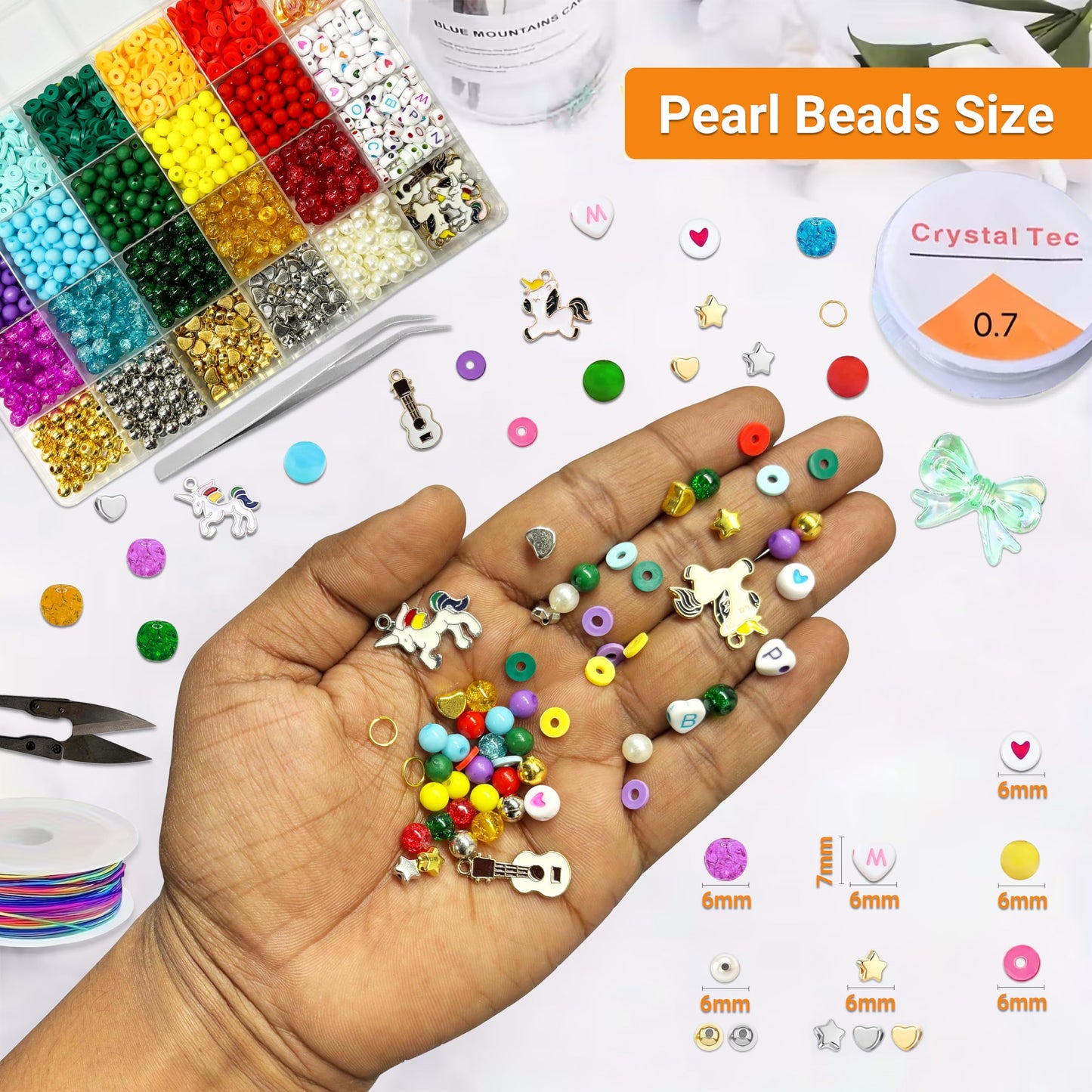 Multicolor Bracelet Making Set for Girls Age 8-12 Years Old with Beads Acrylic. Assorted layout image showing beads organized for bracelet and DIY projects.