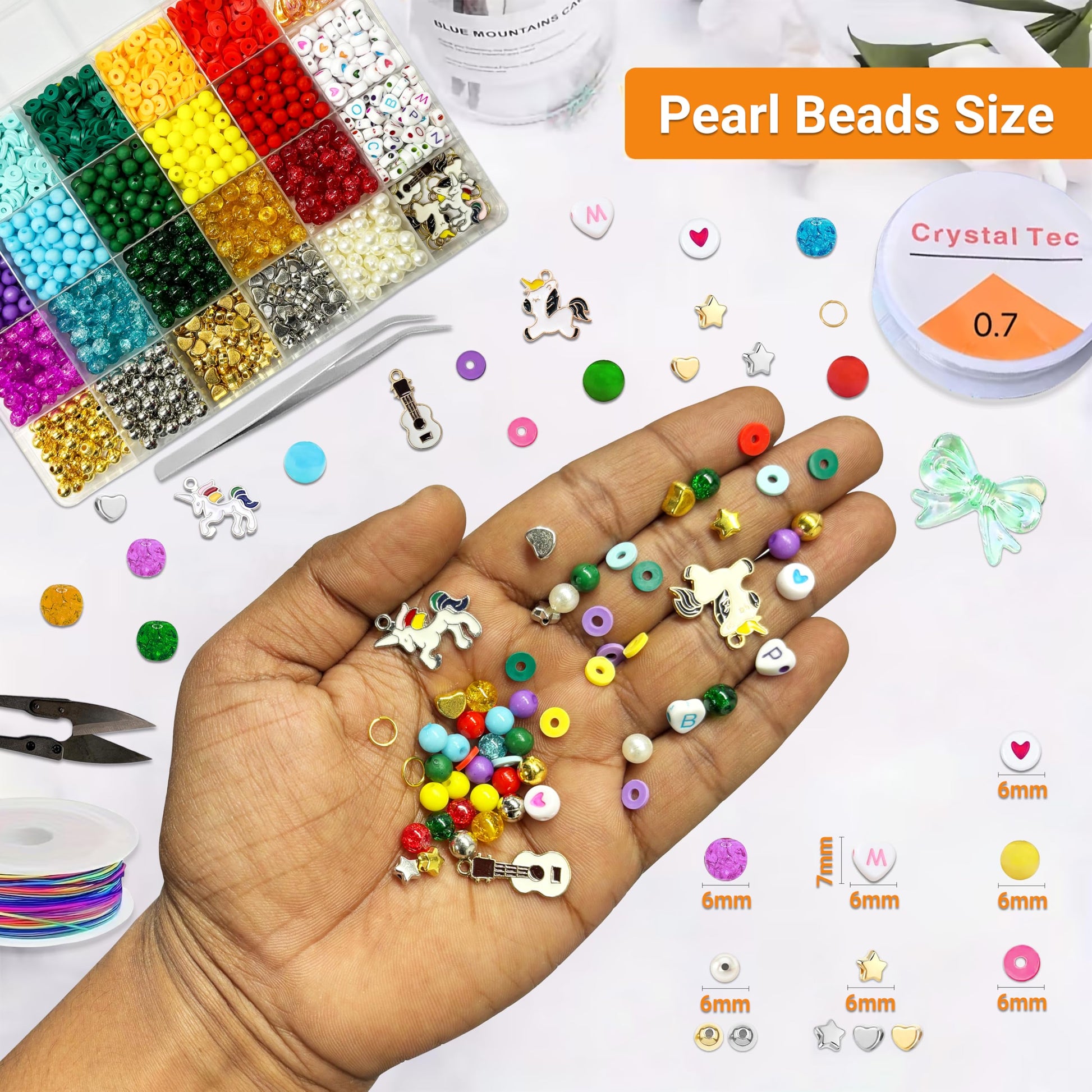 Multicolor Bracelet Making Set for Girls Age 8-12 Years Old with Beads Acrylic. Assorted layout image showing beads organized for bracelet and DIY projects.