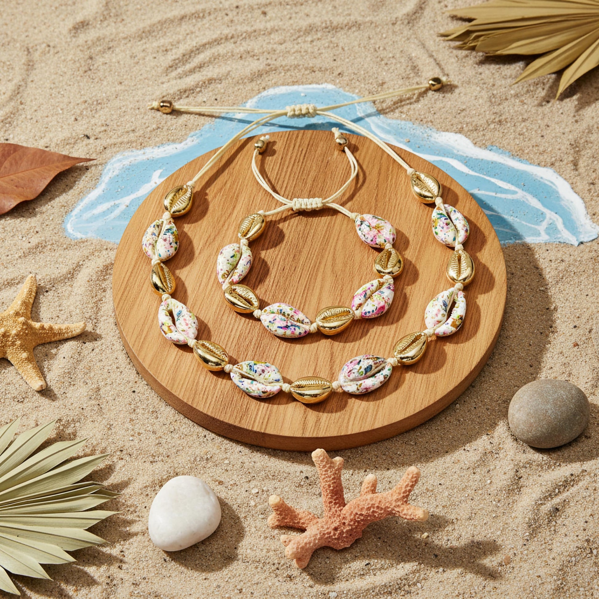 Women cowrie shell necklace bracelet combo adjustable thread boho summer jewellery set