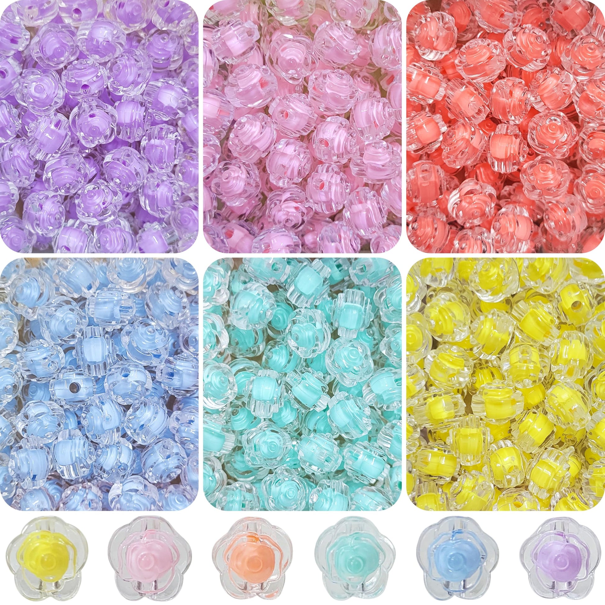 A clean decorative look makes flower beads and multicolour plastic and acrylic beads suitable for bracelet making, necklace making and DIY jewellery projects.