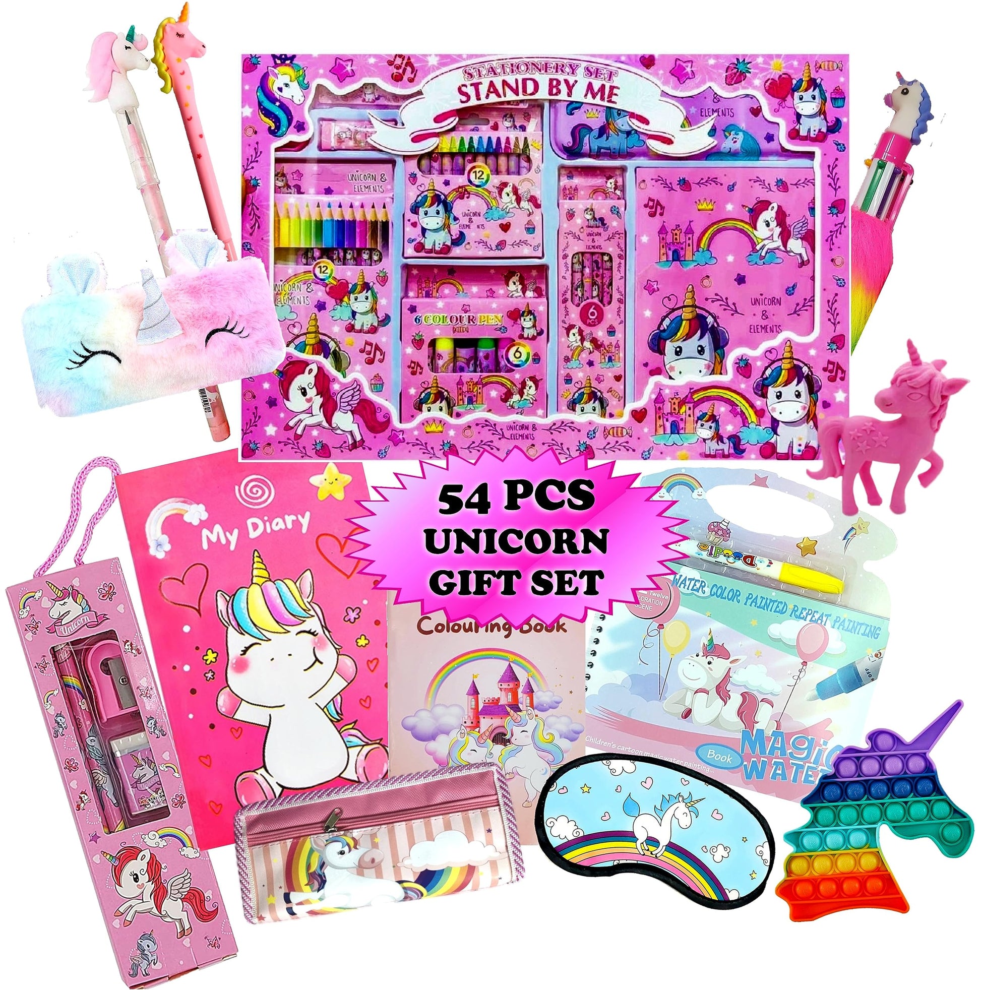 Kids play, stress relief and sensory activity benefits from 54 pcs unicorn fidget toy set and clean decorative look.