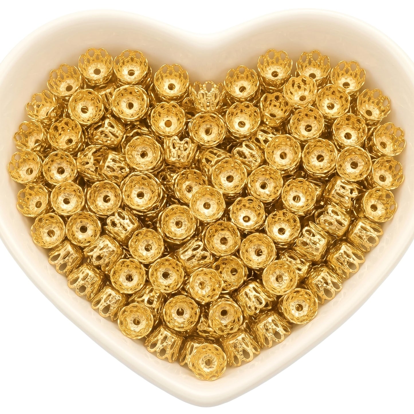 Use metallic gold jhumka cap findings to add neat finishing detail to jhumka making and latkan work.