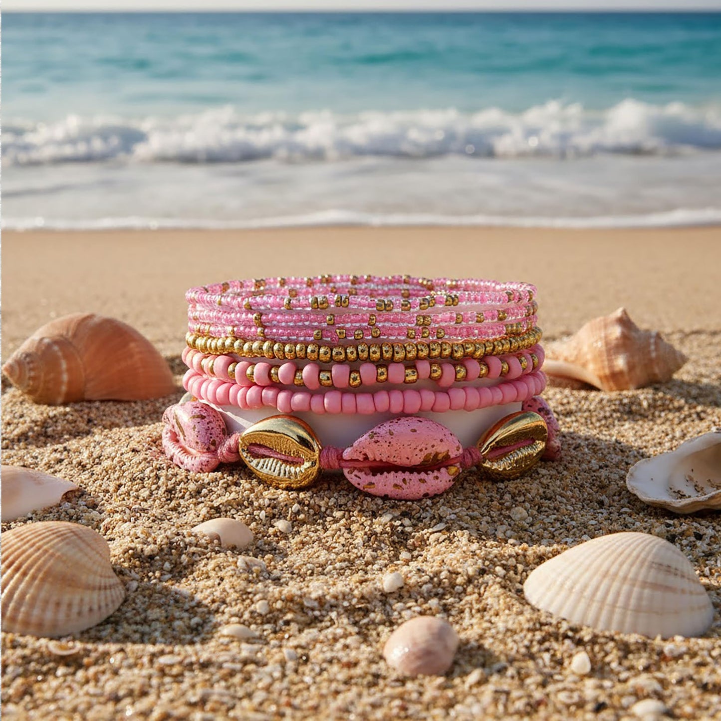 Pink Bohemian Layered Bracelet Stack for Women, Shell image 3