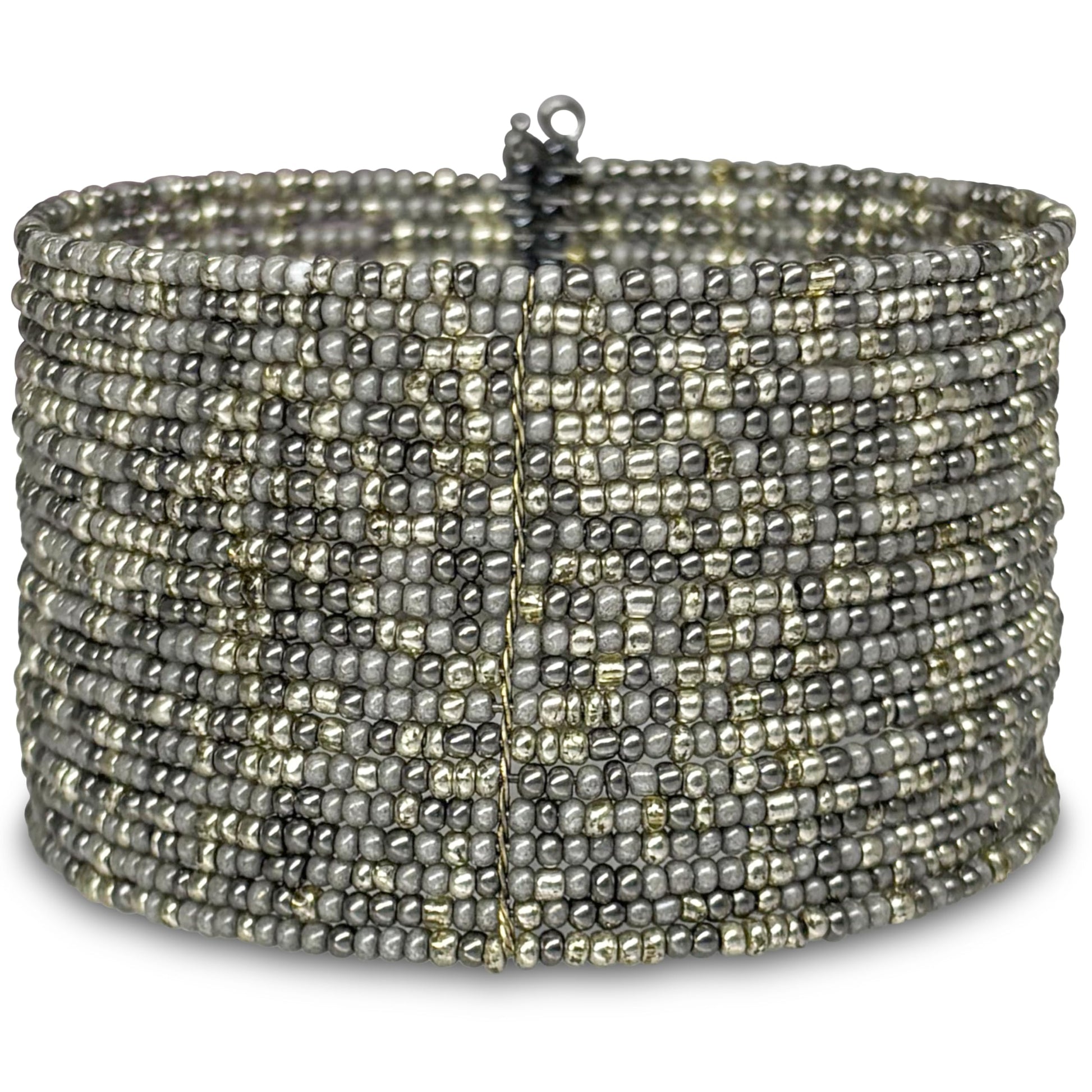Silver seed bead cuff bracelet wide boho chic statement
