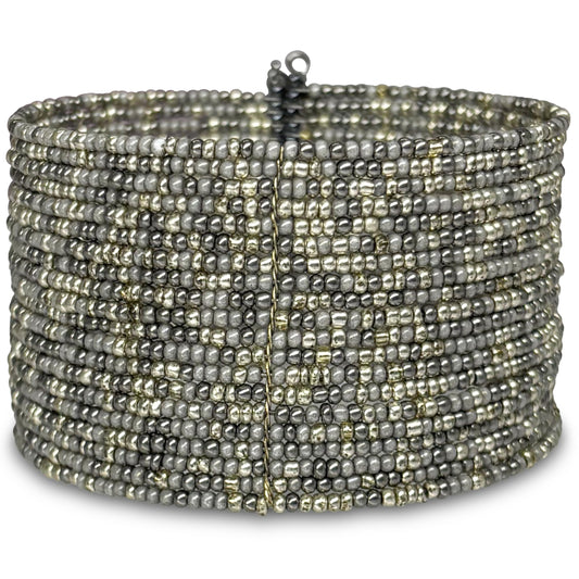 Silver seed bead cuff bracelet wide boho chic statement
