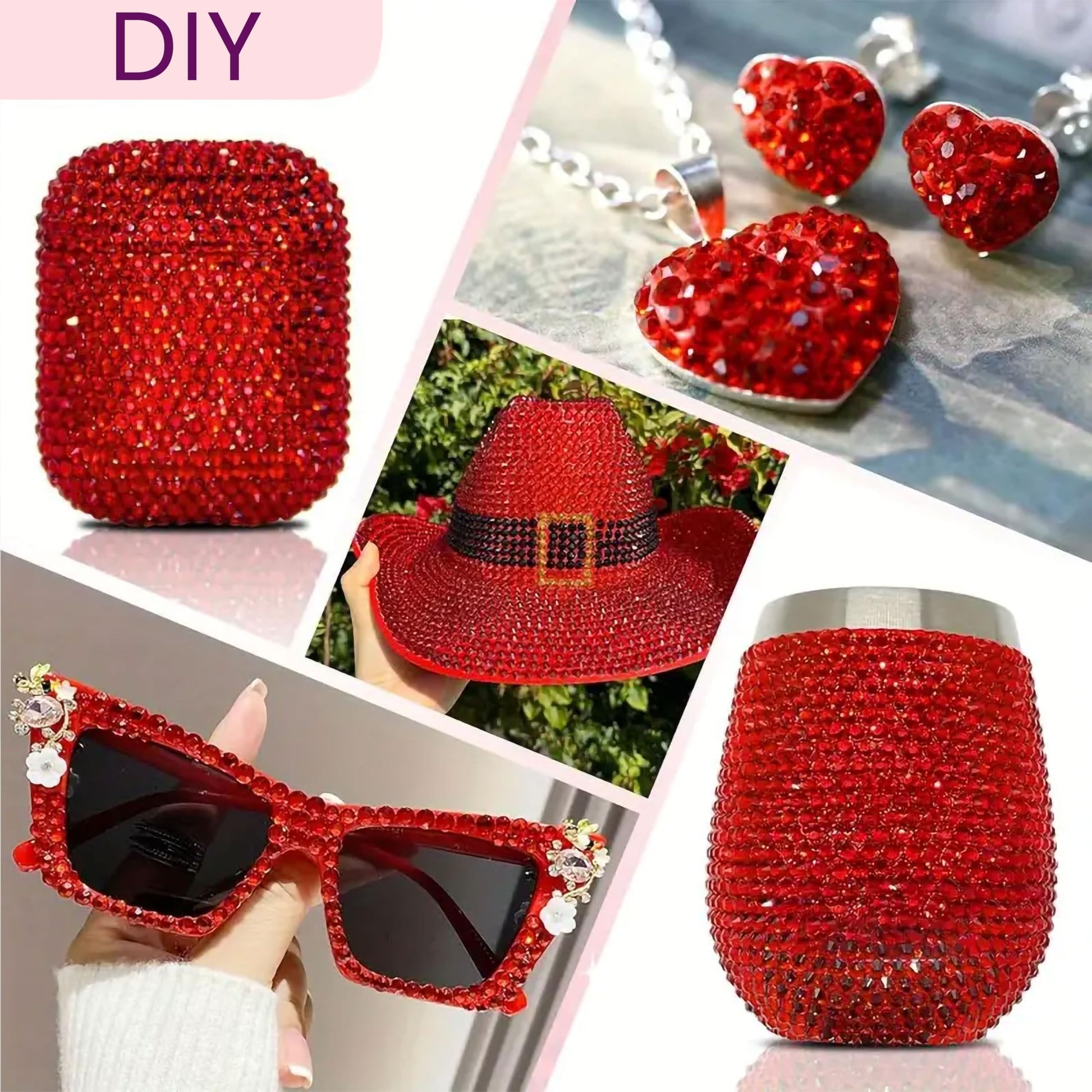 The look of red 5mm and multicolour 4mm, 5mm, 6mm rhinestones and flatback stones suits fabric decoration, flatback craft designs and decorative craft finishing, especially for neat decorative finish.