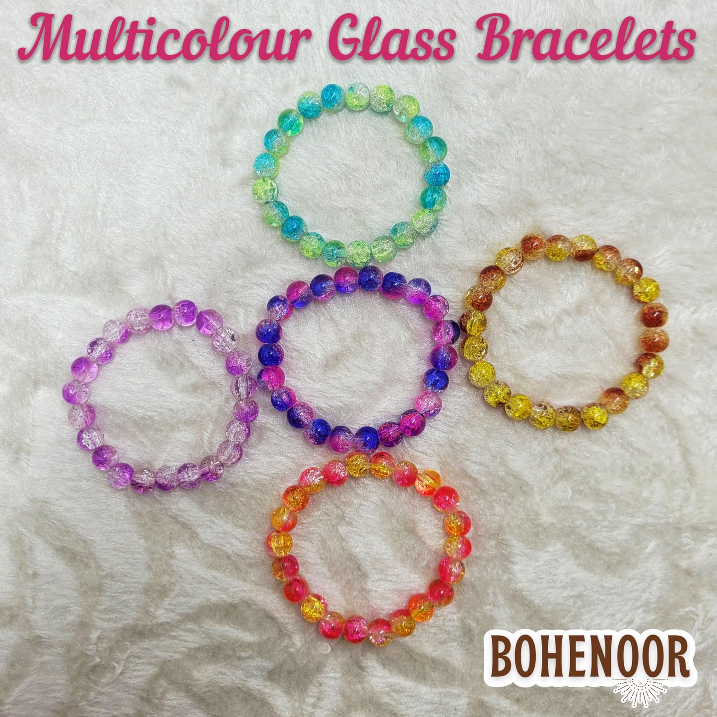 The look of multicolour glass and elastic bracelet suits casual accessory looks and everyday styling, especially for projects a neat stylish finish.