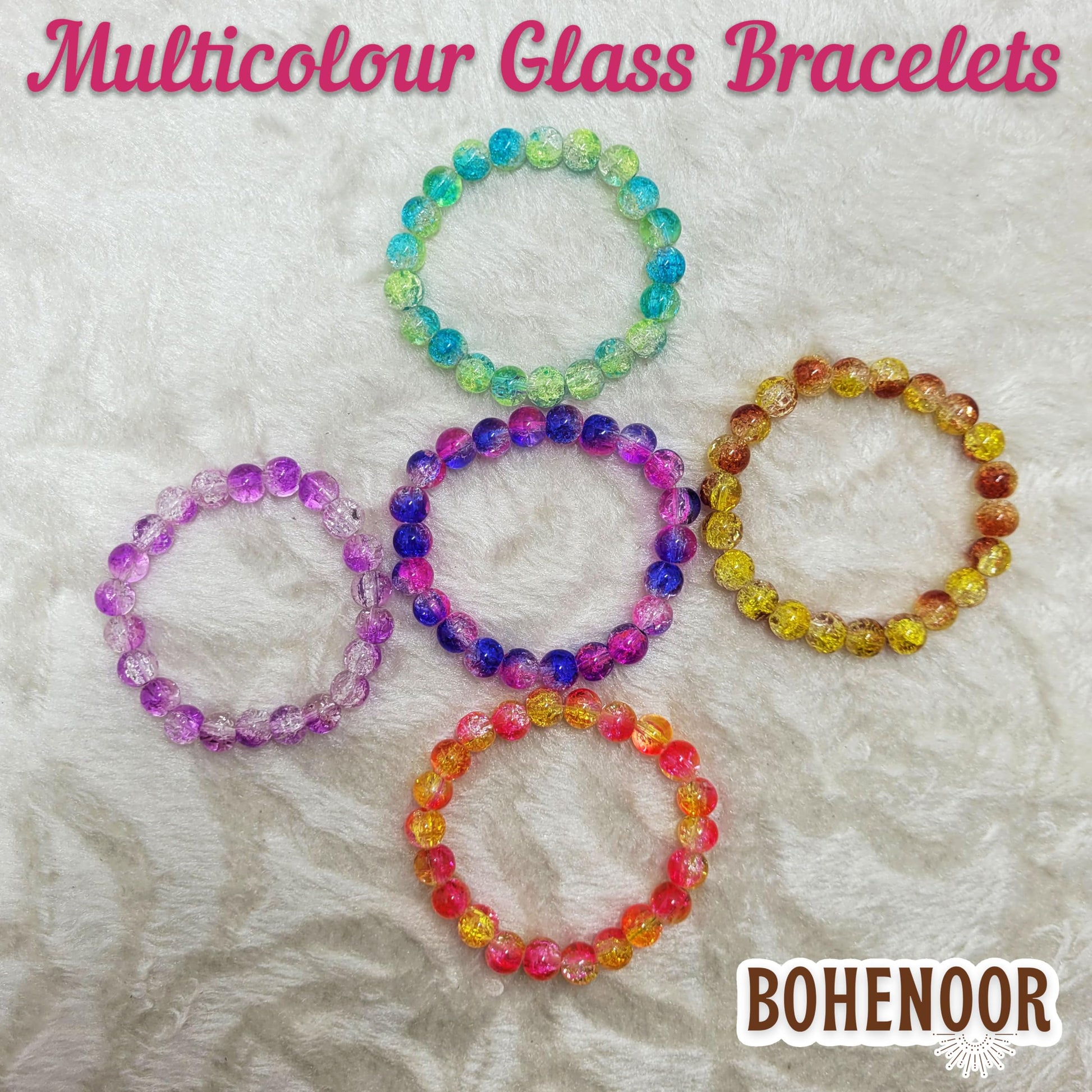 The look of multicolour glass and elastic bracelet suits casual accessory looks and everyday styling, especially for projects a neat stylish finish.