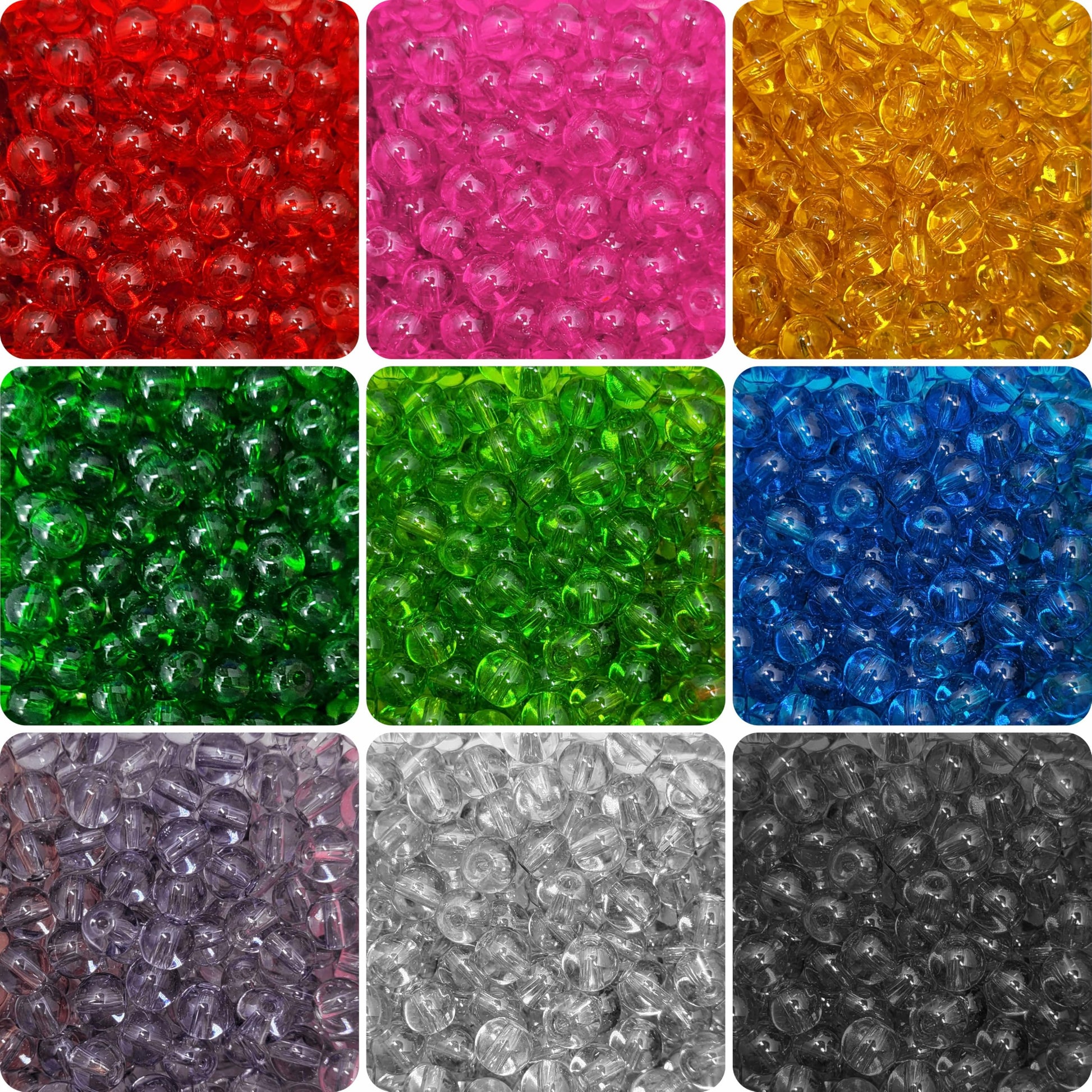 Transparent Glossy Glass Round Pearl Beads. Main product image showing the full assortment for jewelry making and craft work.