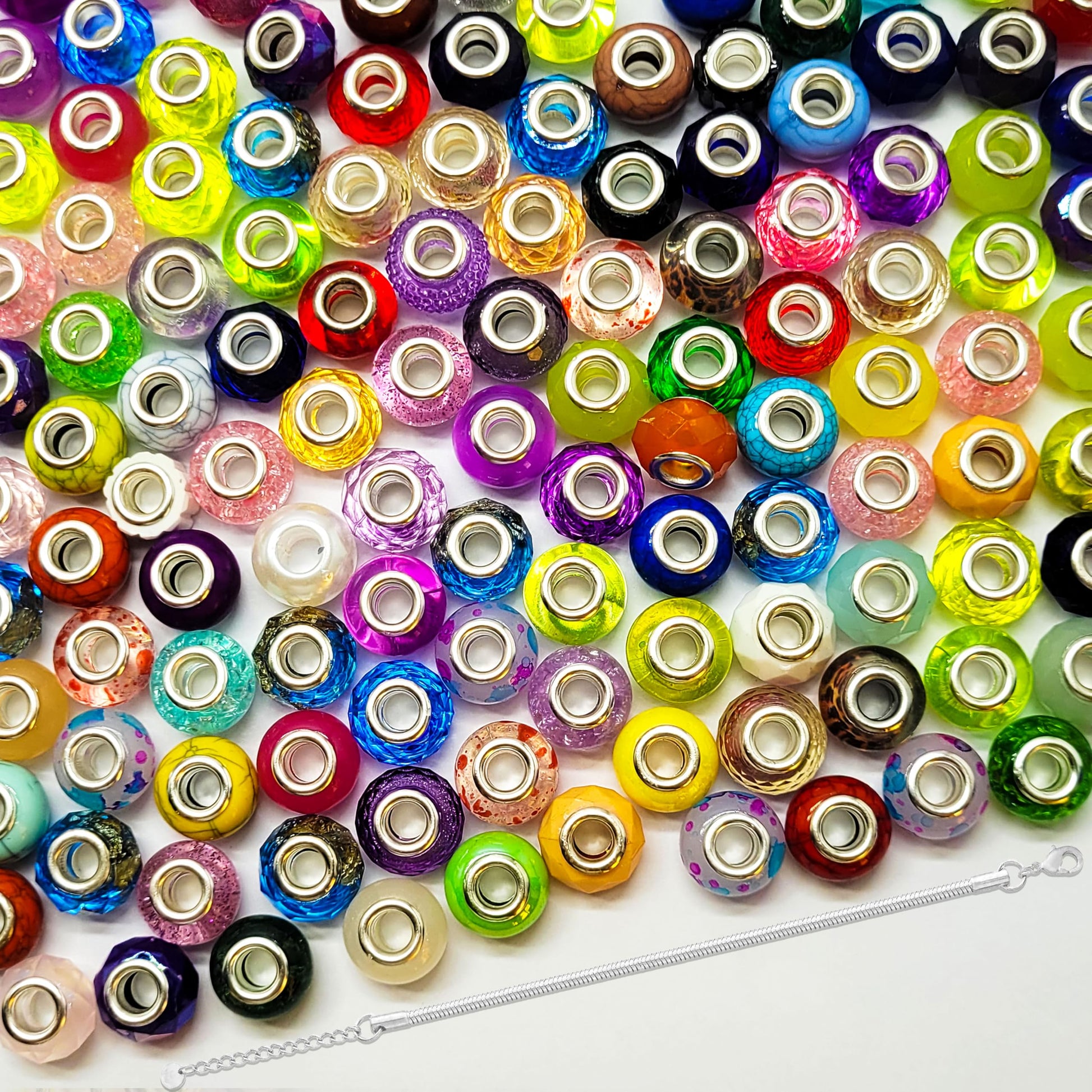 Multicolor European Craft Beads with Chain Cord Acrylic. Main product image showing the full assortment for jewelry making and craft work.