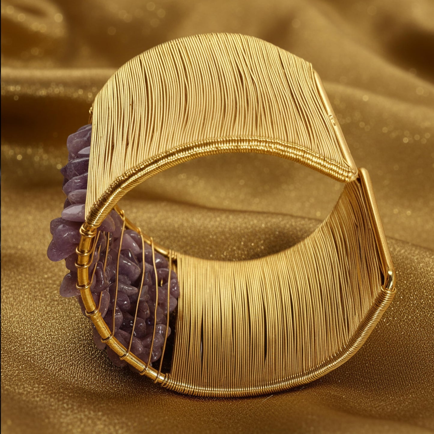 Give casual accessories a polished edge with a lavender open cuff bracelet and stone detail.