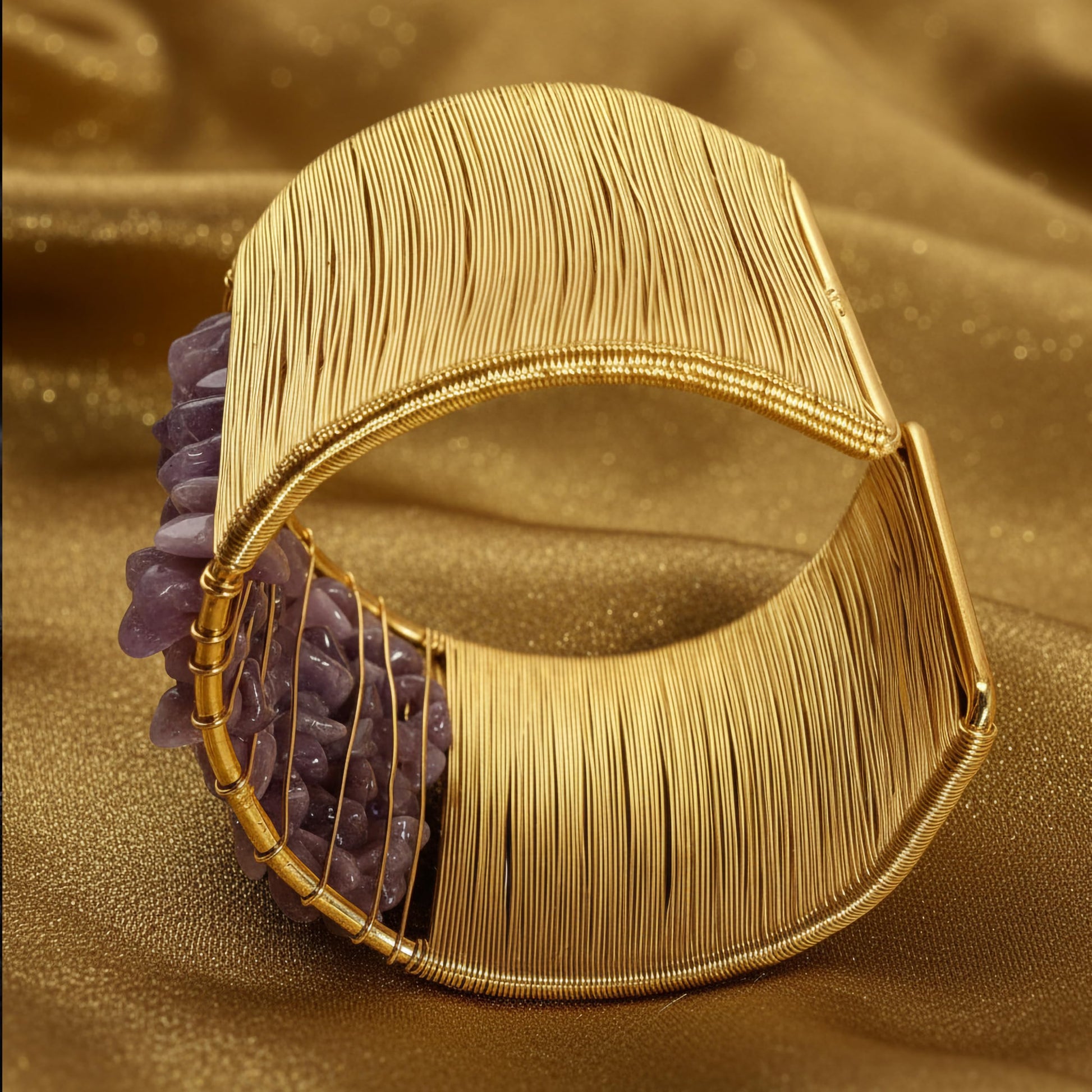 Give casual accessories a polished edge with a lavender open cuff bracelet and stone detail.