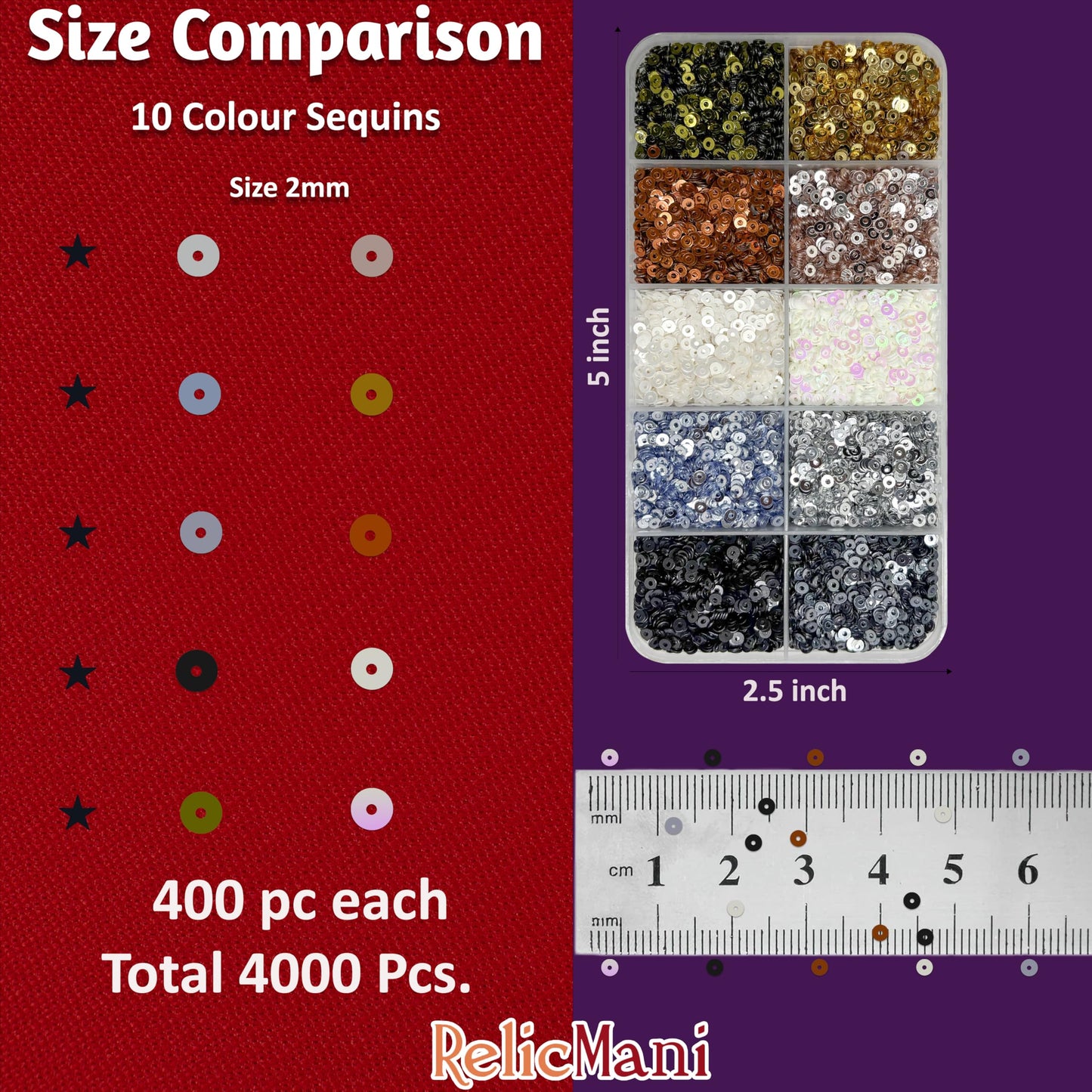 Multicolour Embroidery Sequins Kit, 2mm Flat Round Sitara 10 Colour image 2