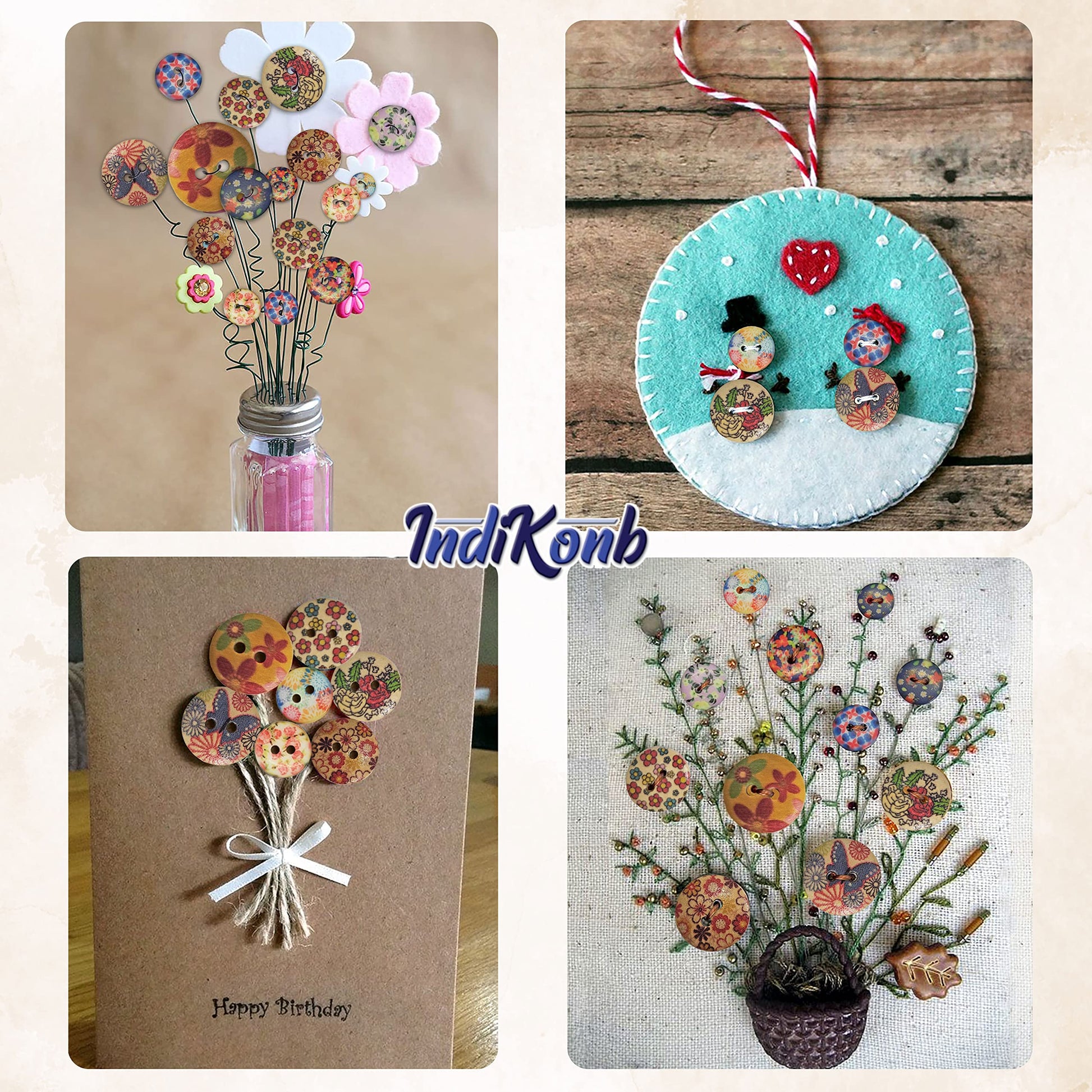 Fabric craft, kids craft projects and decorative craft finishing benefits from multicolour patterns buttons and neat decorative finish.