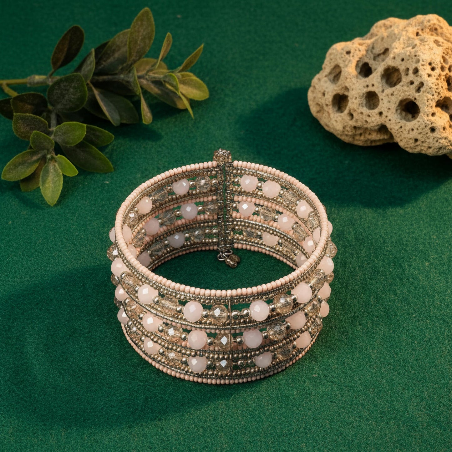 Handmade pink seed bead bracelet with layered gold design