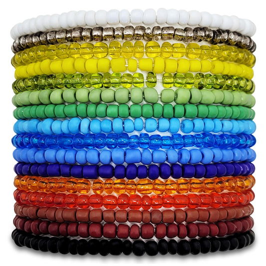 Multicolour glass and elastic bracelet keeps party wear visually clean while adding delicate creative style and a polished handmade look.