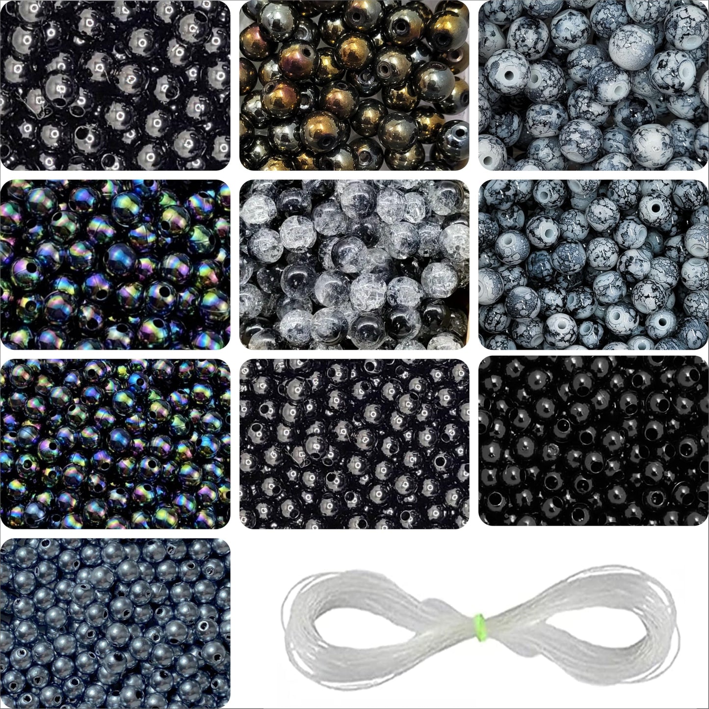 Add a clean decorative look into bracelet making, necklace making and DIY jewellery projects with black and pearl 6mm and 8mm beads.