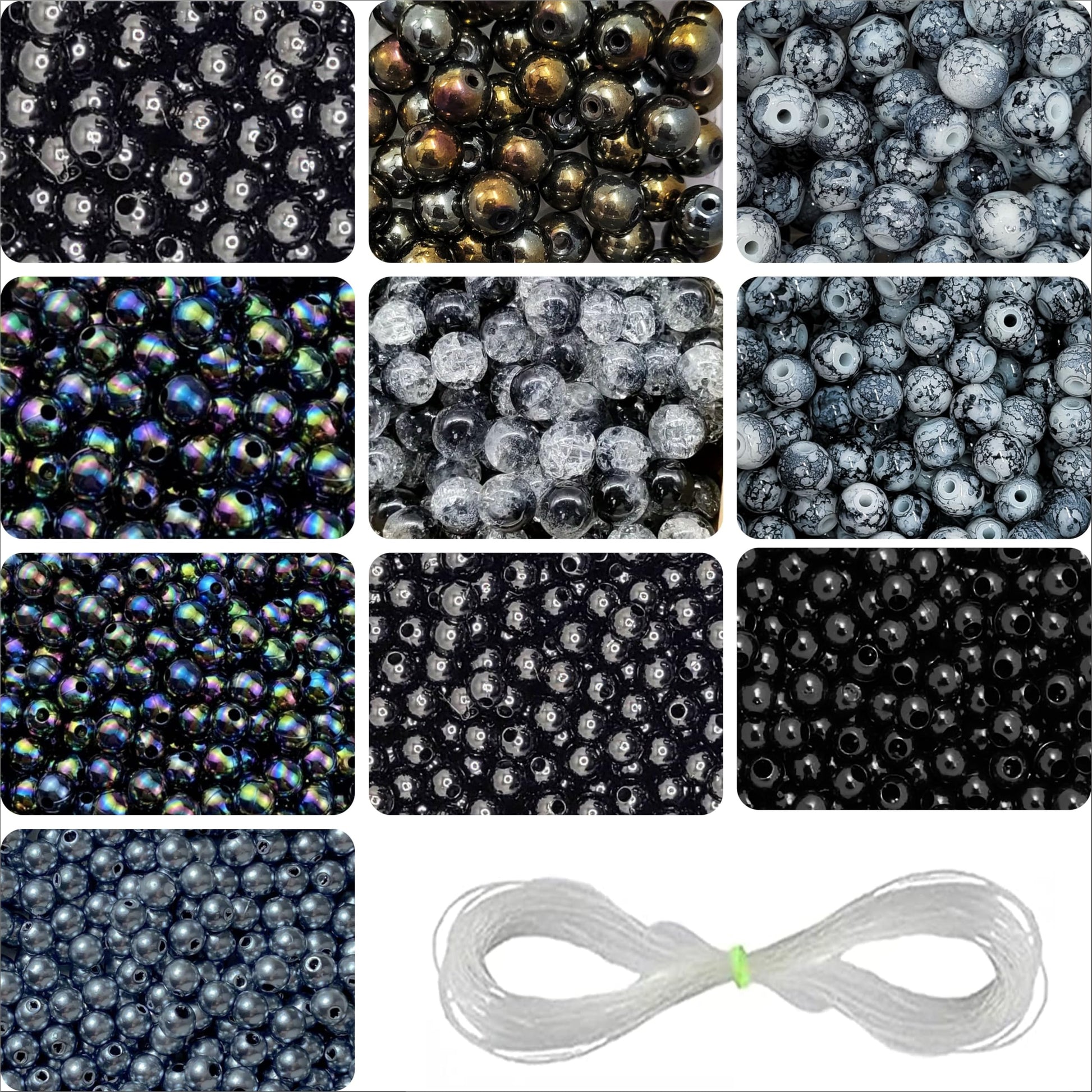 Add a clean decorative look into bracelet making, necklace making and DIY jewellery projects with black and pearl 6mm and 8mm beads.