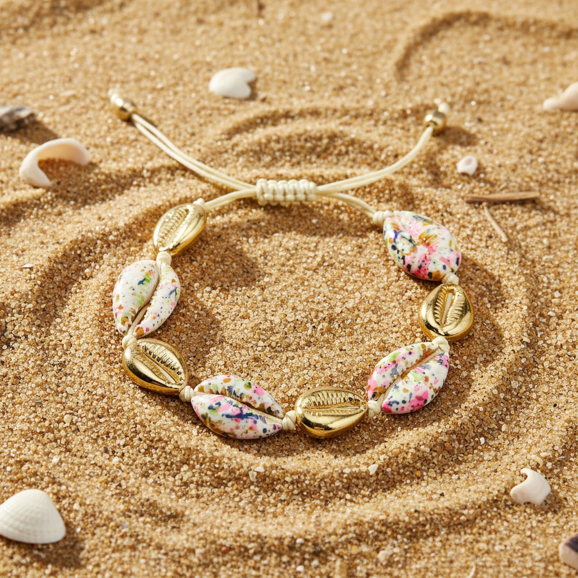 Beach style shell bracelet with multicolor detailing and gold finish