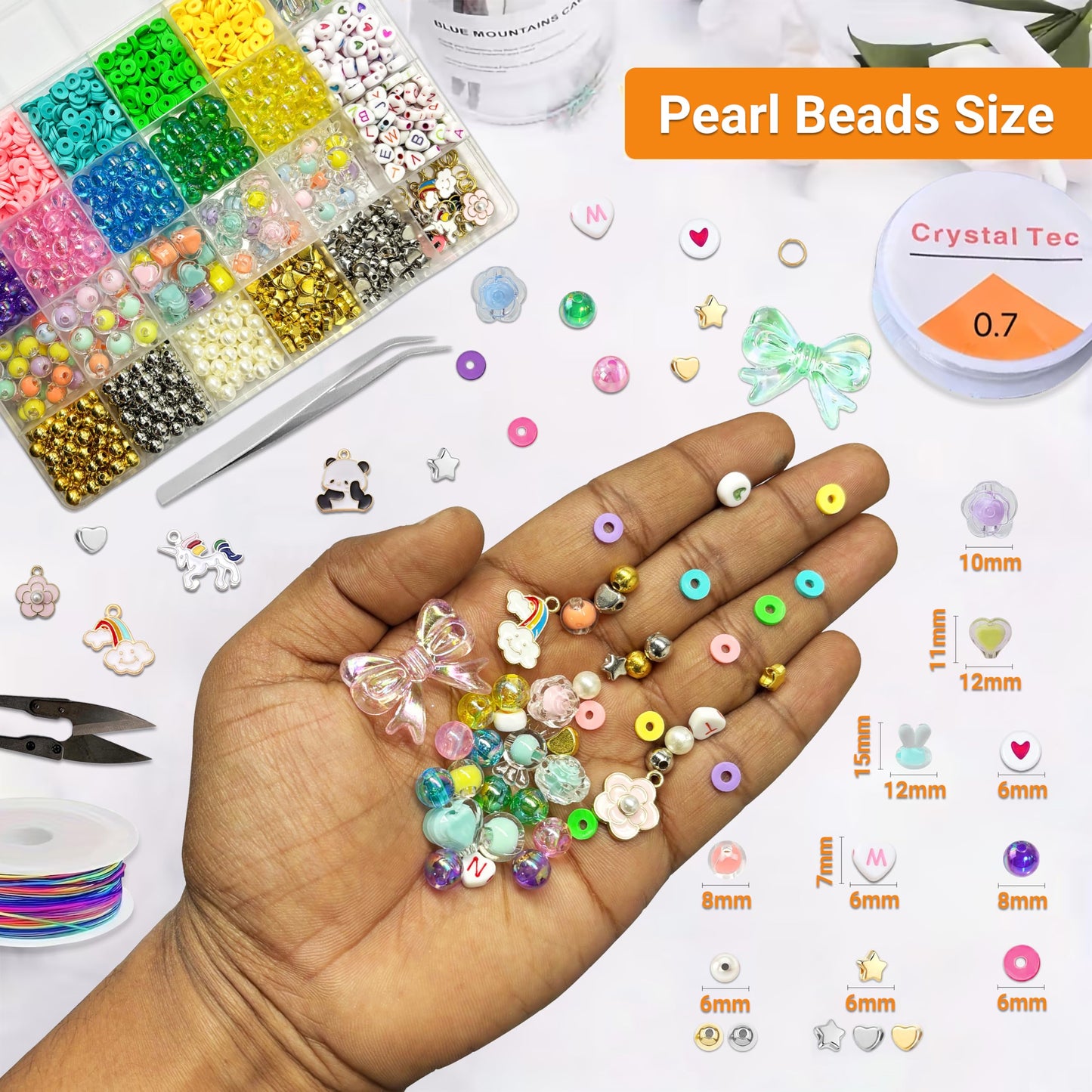 Multicolor Unicorn Bracelet Making Kit with Beads and Charms Acrylic. Assorted layout image showing beads organized for bracelet and DIY projects.