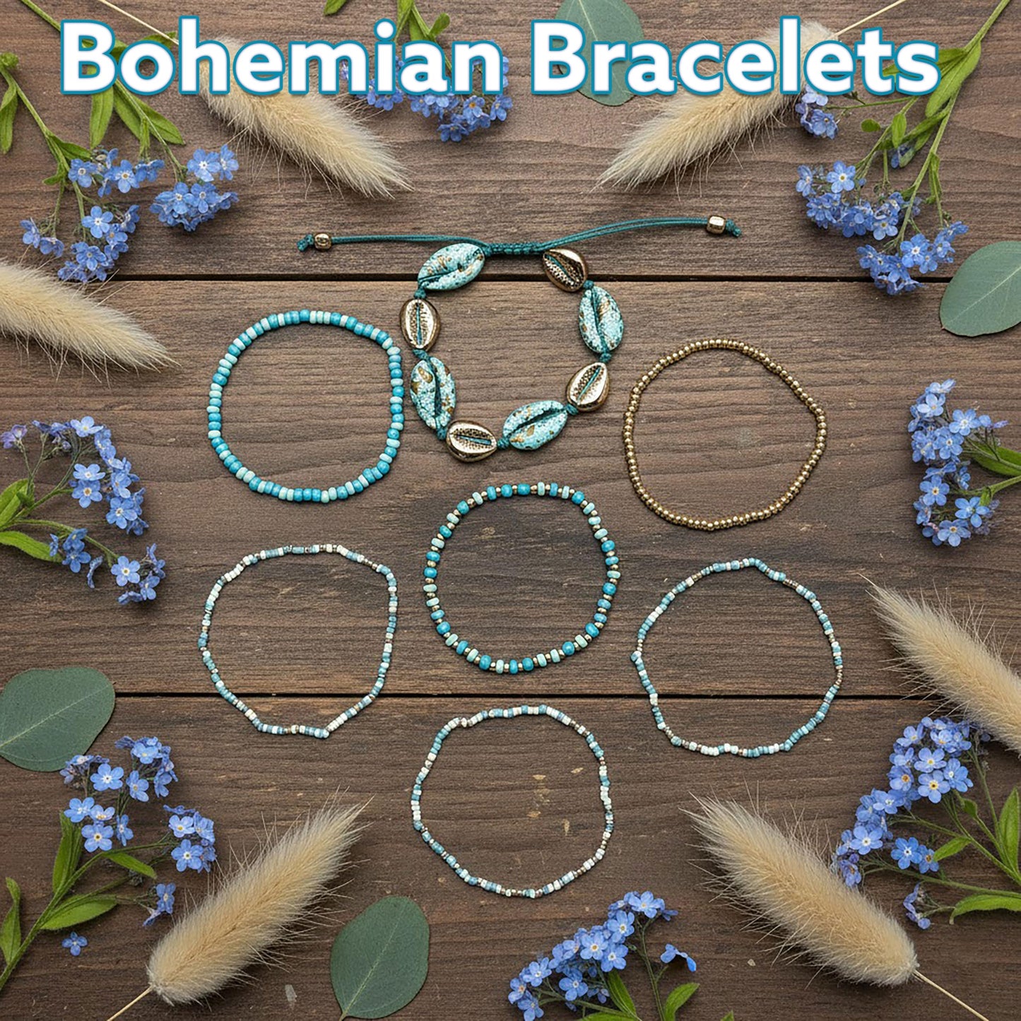 Bohemian Blue Layered Bracelets Stack for Women, Shell Aqua image 4