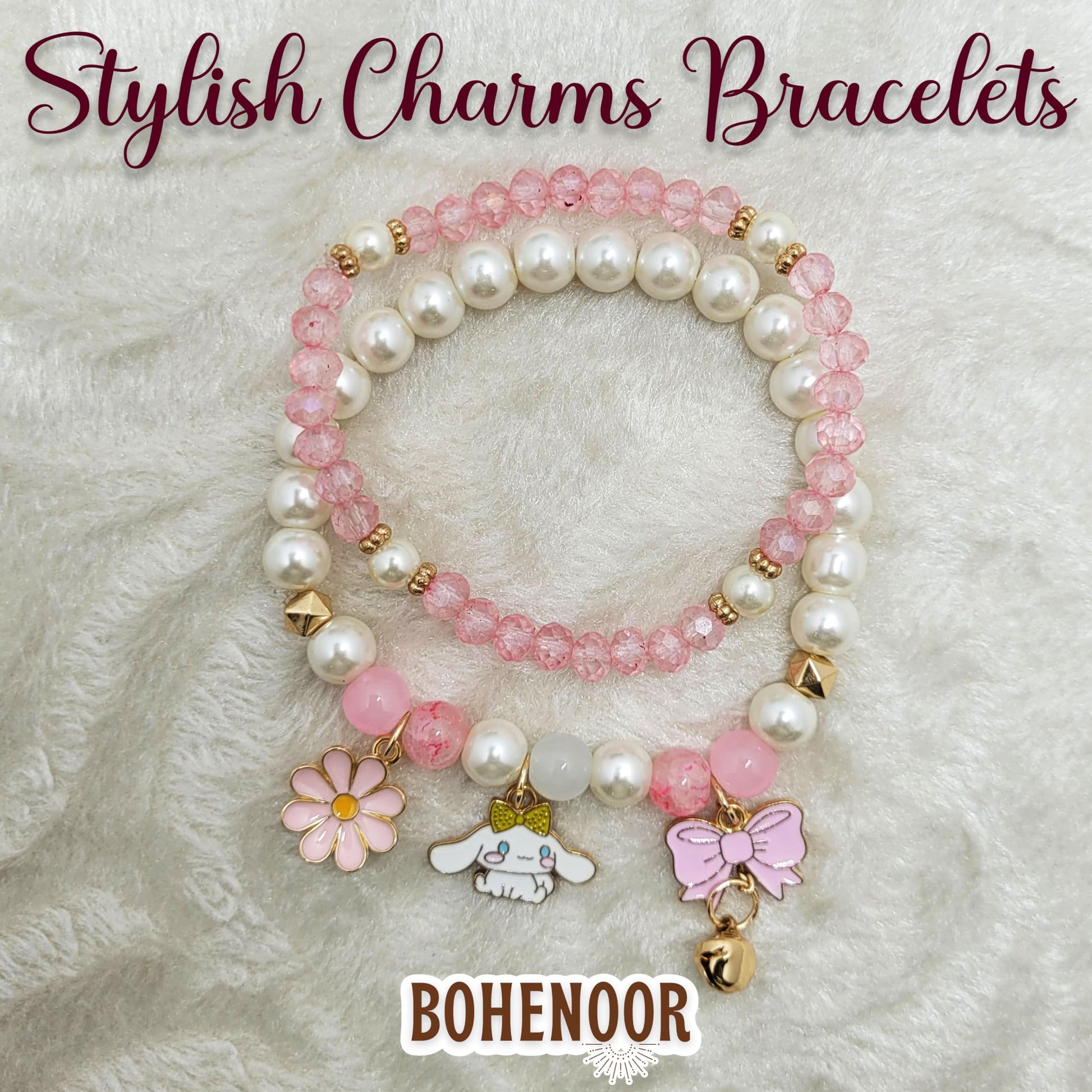 Neat decorative finish, useful in casual accessory looks and everyday styling comes through clearly in white pink crystal and pearl bracelet for festive outfits.