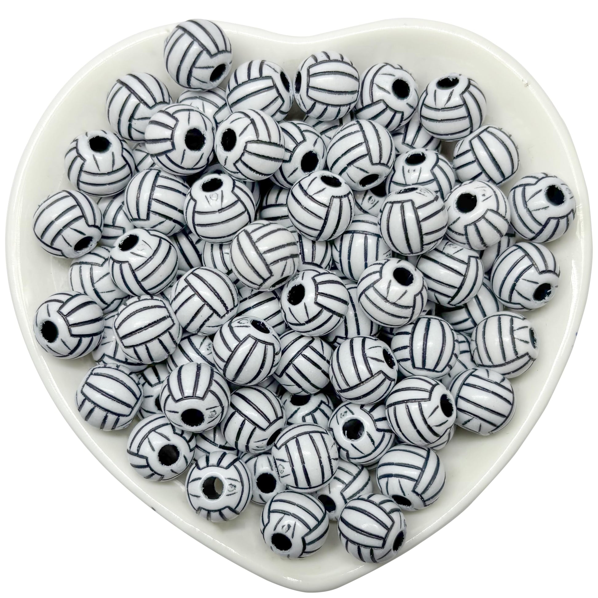 Black round beads with white volleyball pattern