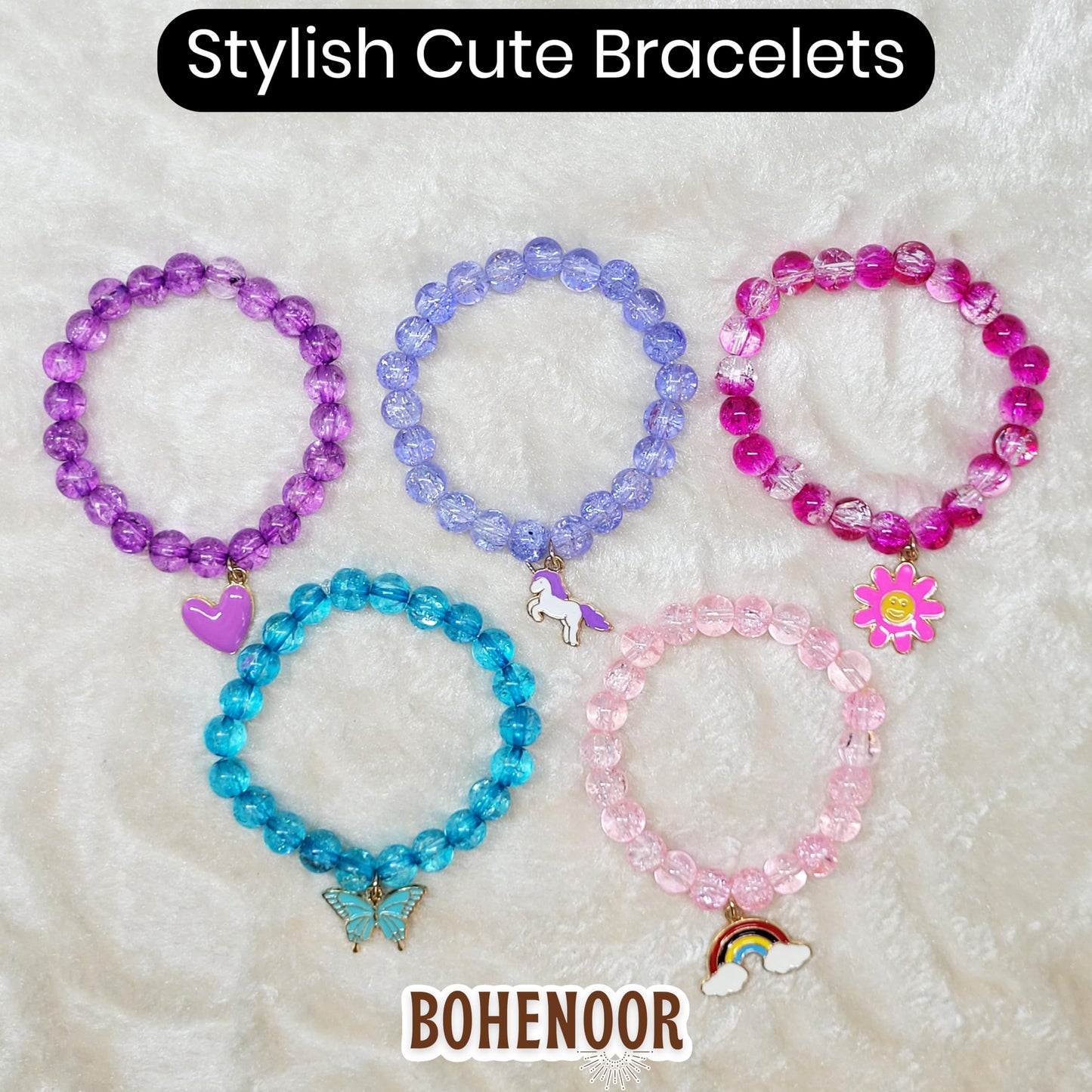Multicolor Unicorn Bracelet Making Kit with Beads and Charms Acrylic. Packaging and contents image showing the full set for craft use.