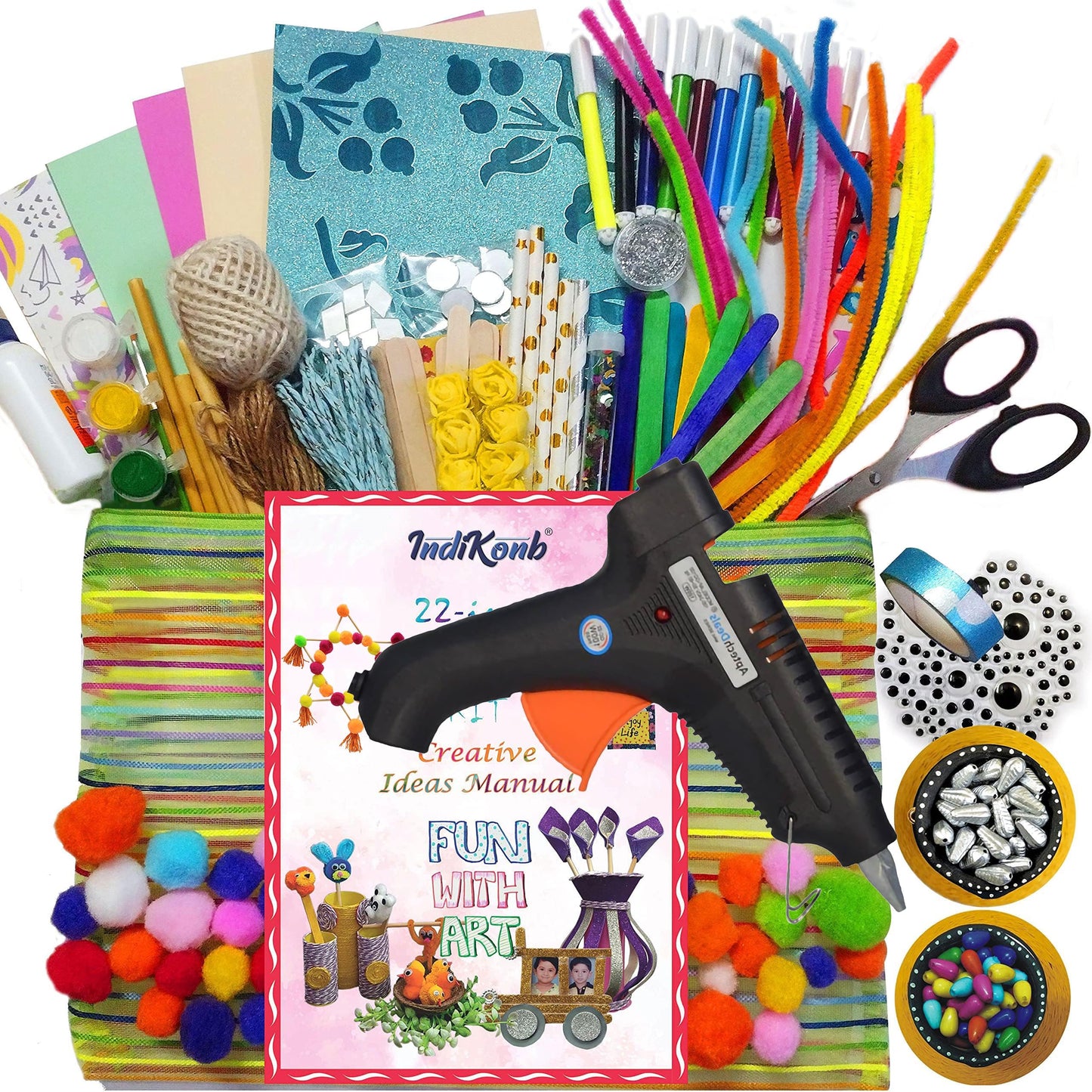 Use art craft kit with hot glue gun and cream craft material and thread art and craft kit to give kids art activities, DIY craft projects and school projects a clean.