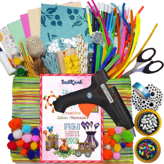 Use art craft kit with hot glue gun and cream craft material and thread art and craft kit to give kids art activities, DIY craft projects and school projects a clean.