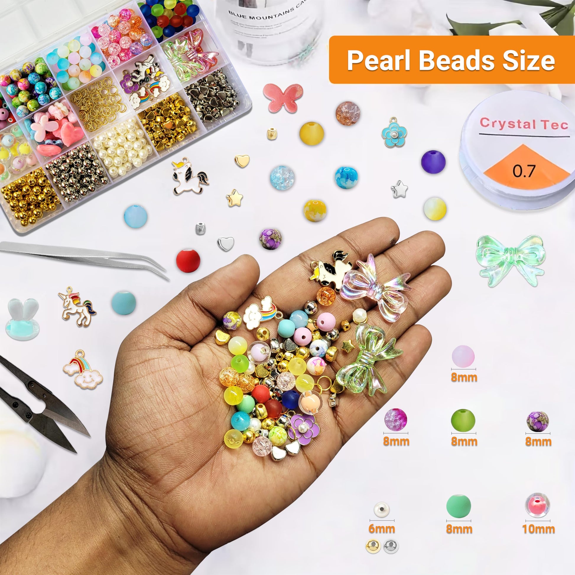 Multicolor Bracelet Making Kit for Girls Age 8-12 Years Old with Beads Acrylic. Assorted layout image showing beads organized for bracelet and DIY projects.