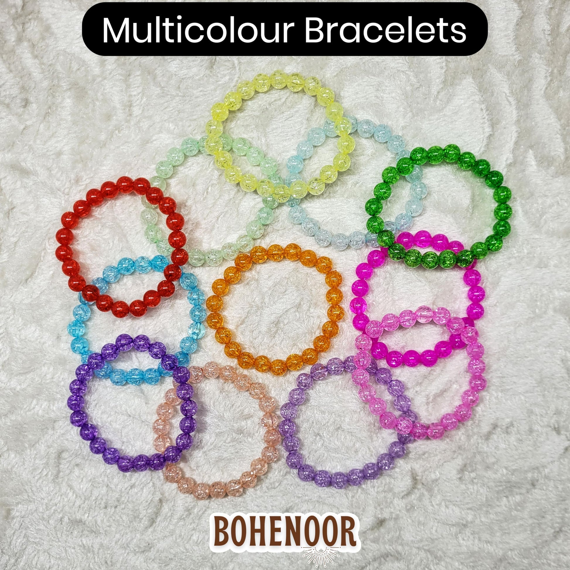 Multicolor Glass Crackle Beads Bracelets Set. Detailed product image showing size, surface, and material quality.