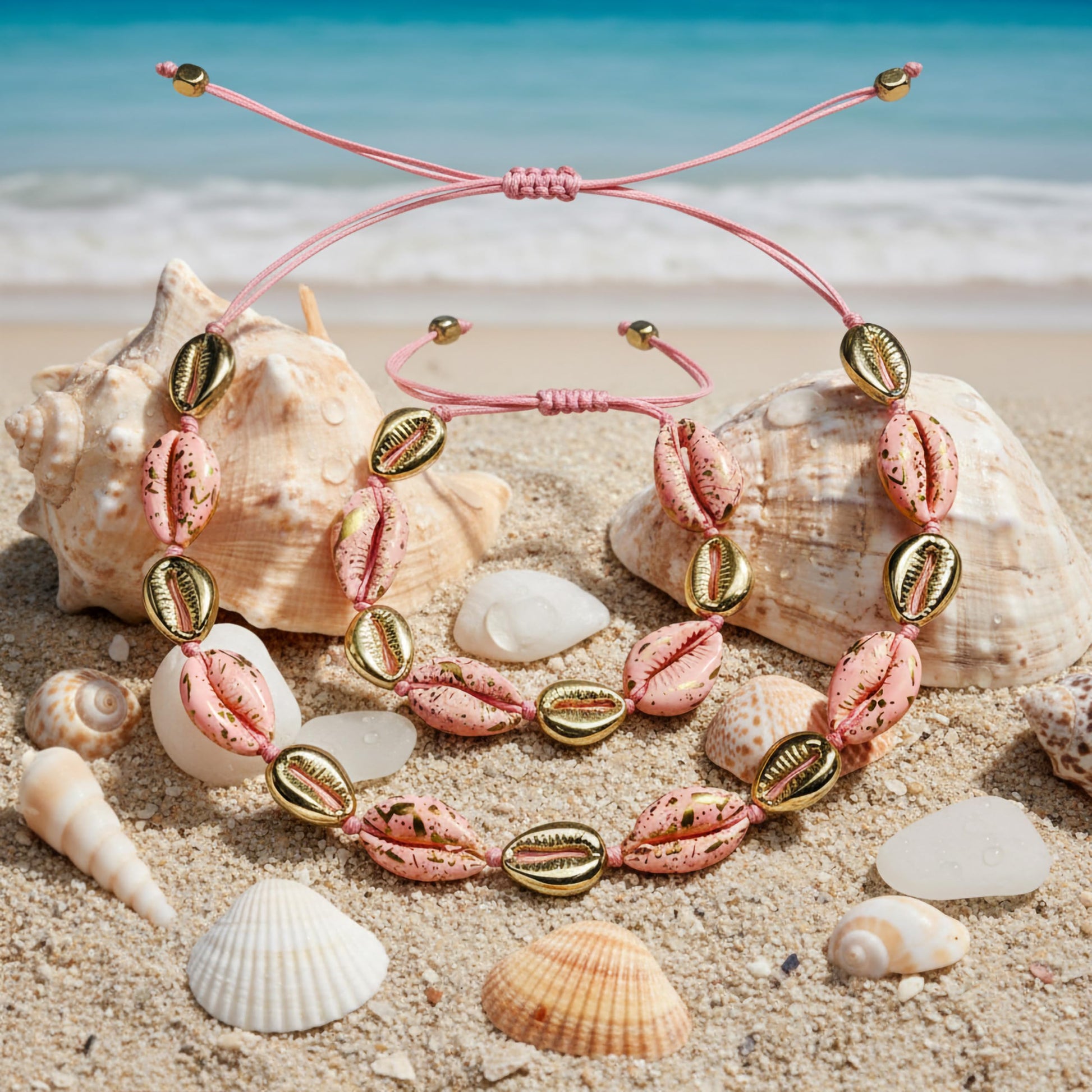 Women cowrie shell necklace bracelet combo adjustable thread boho summer jewellery set