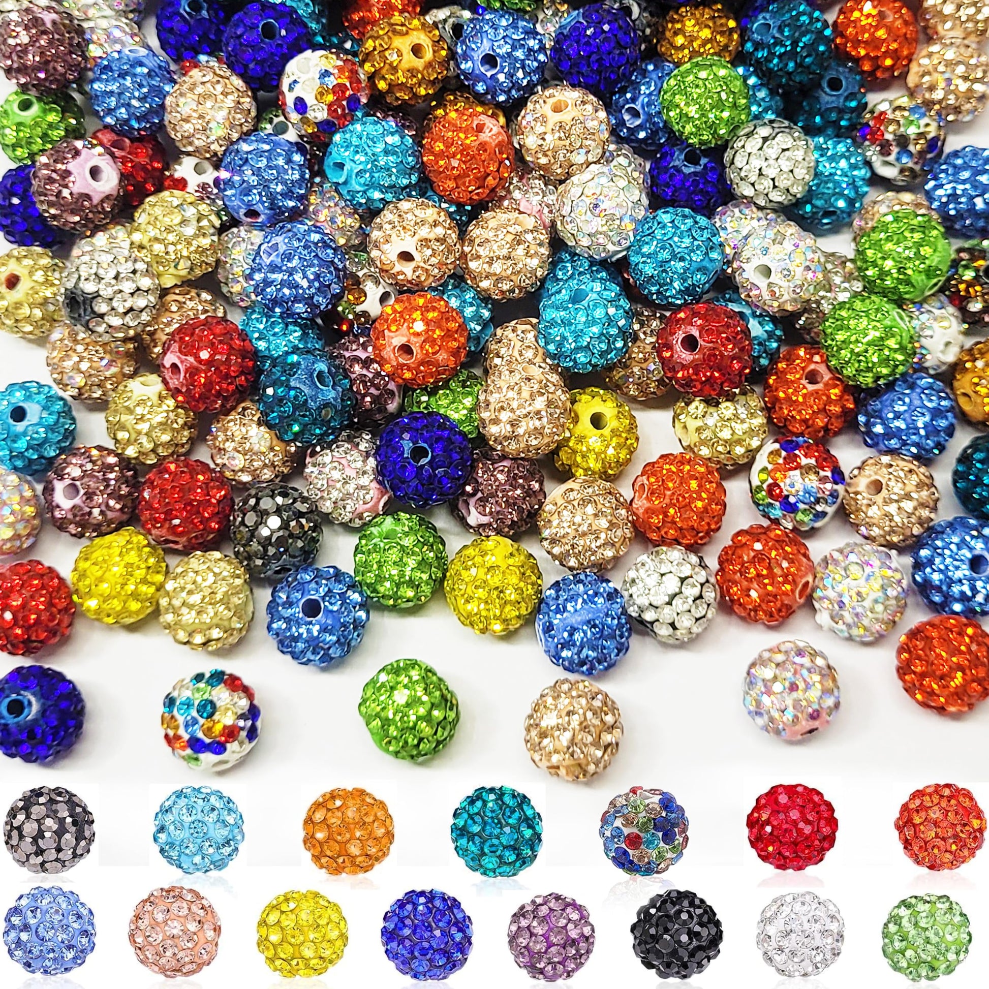 Multicolor Crystal Pave Disco Ball Rhinestone Beads 8mm. Main product image showing the full assortment for jewelry making and craft work.