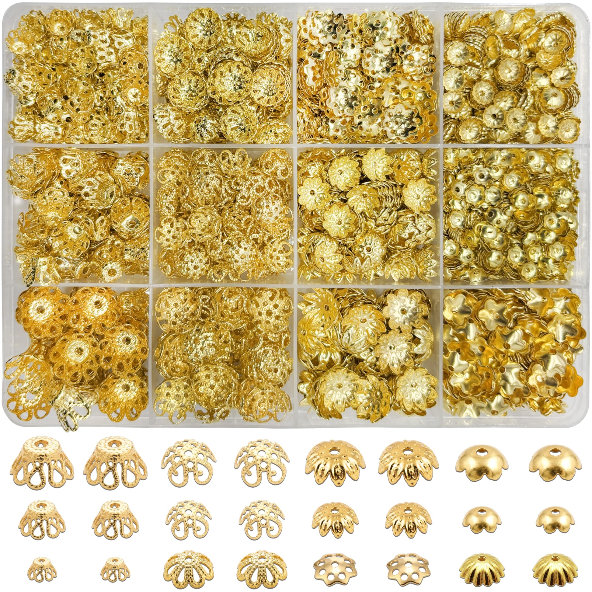 Bring jhumka-style texture into latkan work with golden flower bead caps for bead jewelry.