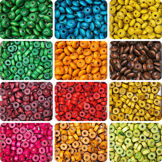 The clean decorative look of plain and multicolour wood and wooden beads supports bracelet making, necklace making and DIY jewellery projects.