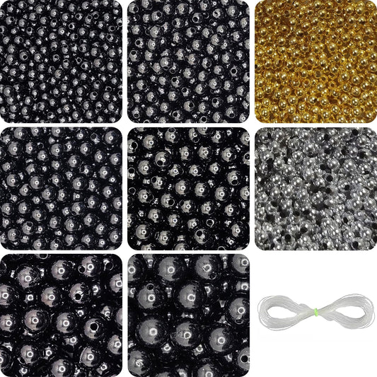 Black Pearl Acrylic Moti Beads with Gold and Silver Beads (3mm-10mm)