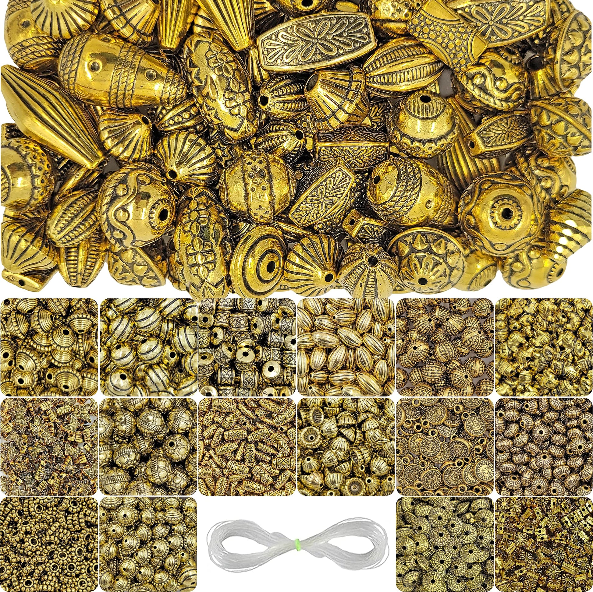 To add a clean decorative look, place gold charm beads into bracelet making, necklace making and DIY jewellery projects.