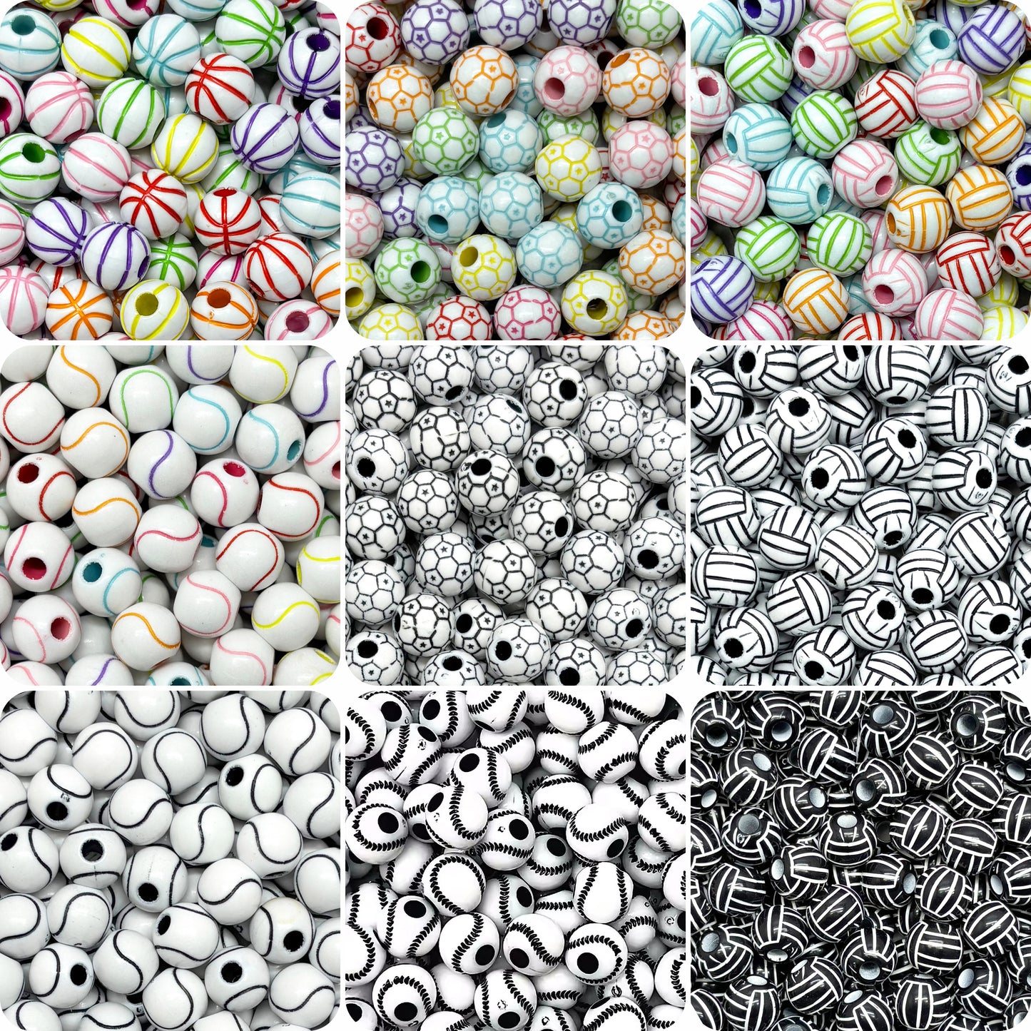 Sports & Striped Pattern Acrylic Round Beads for DIY Jewelry Making